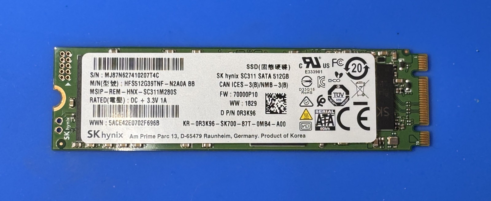 SK hynix SC311 256GB M.2 SATA III SSD 2280 B+M Key OEM Dell 0W90VR