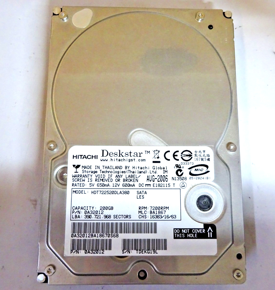 HITACHI 200GB *HDT722520DLA380* IDE/ATA HARD DRIVE DESKSTAR 3.5" #FP5153