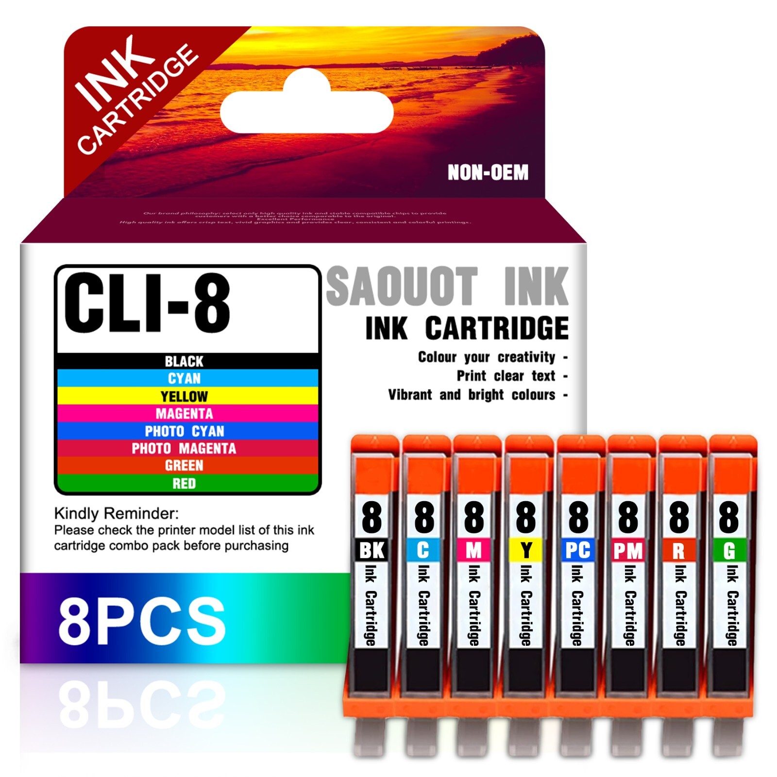 Replacement CLI-8 8-Color Ink for Canon Pixma iX4000 iX5000 Mark II (8-Pack)