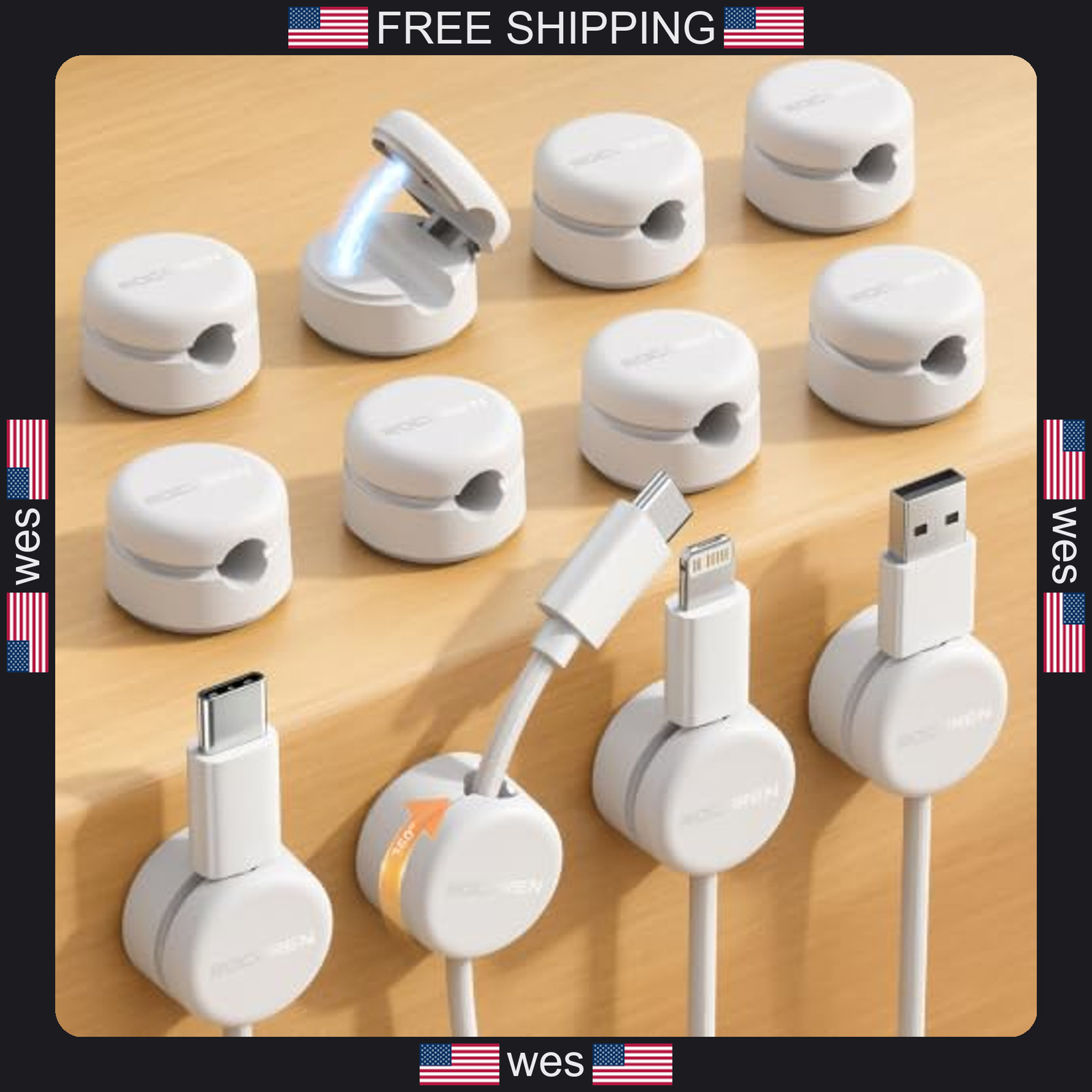 Magnetic Cable Clips 12 Pack 360° Rotating Cord Organizer Holder