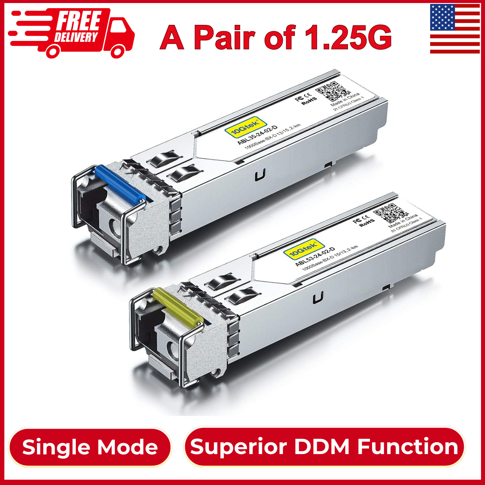10Gtek A Pair of 1.25G SFP Bidi Transceiver, 1000Base-BIDI SingleMode Simplex LC