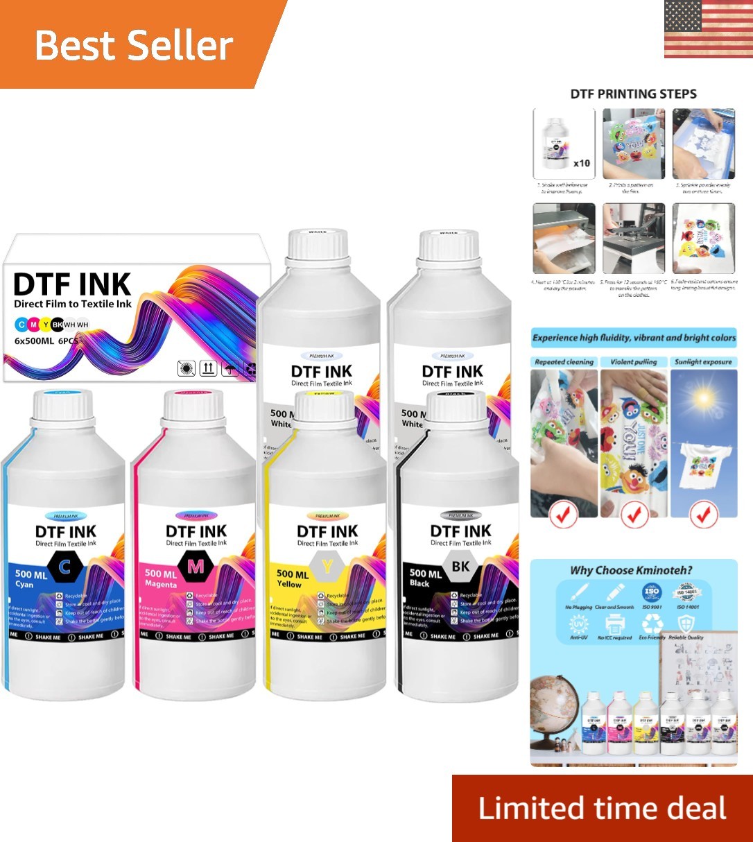 High Fluidity 3000ML DTF Ink - 6 Pack of Vibrant Color Refills (BKCMY + White)