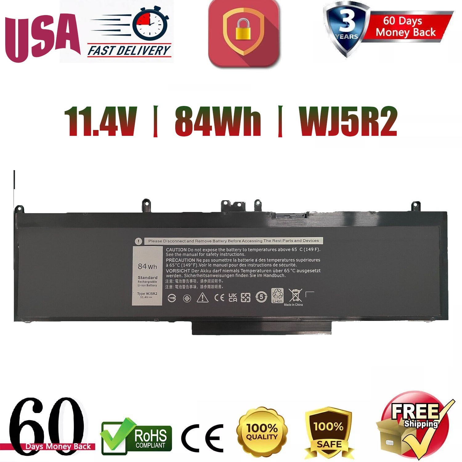 84Wh WJ5R2 4F5YV G9G1H Battery For Dell Precision 3510 M3510 Latitude 5570 E5570