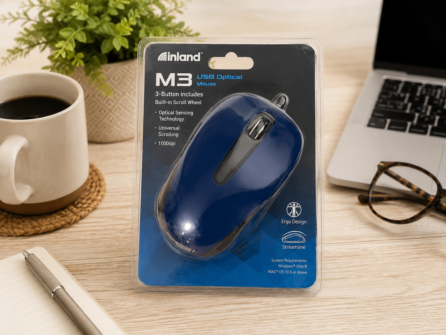 Inland M3 USB Optical Mouse Wired 1000 DPI 3-Button Blue New Sealed