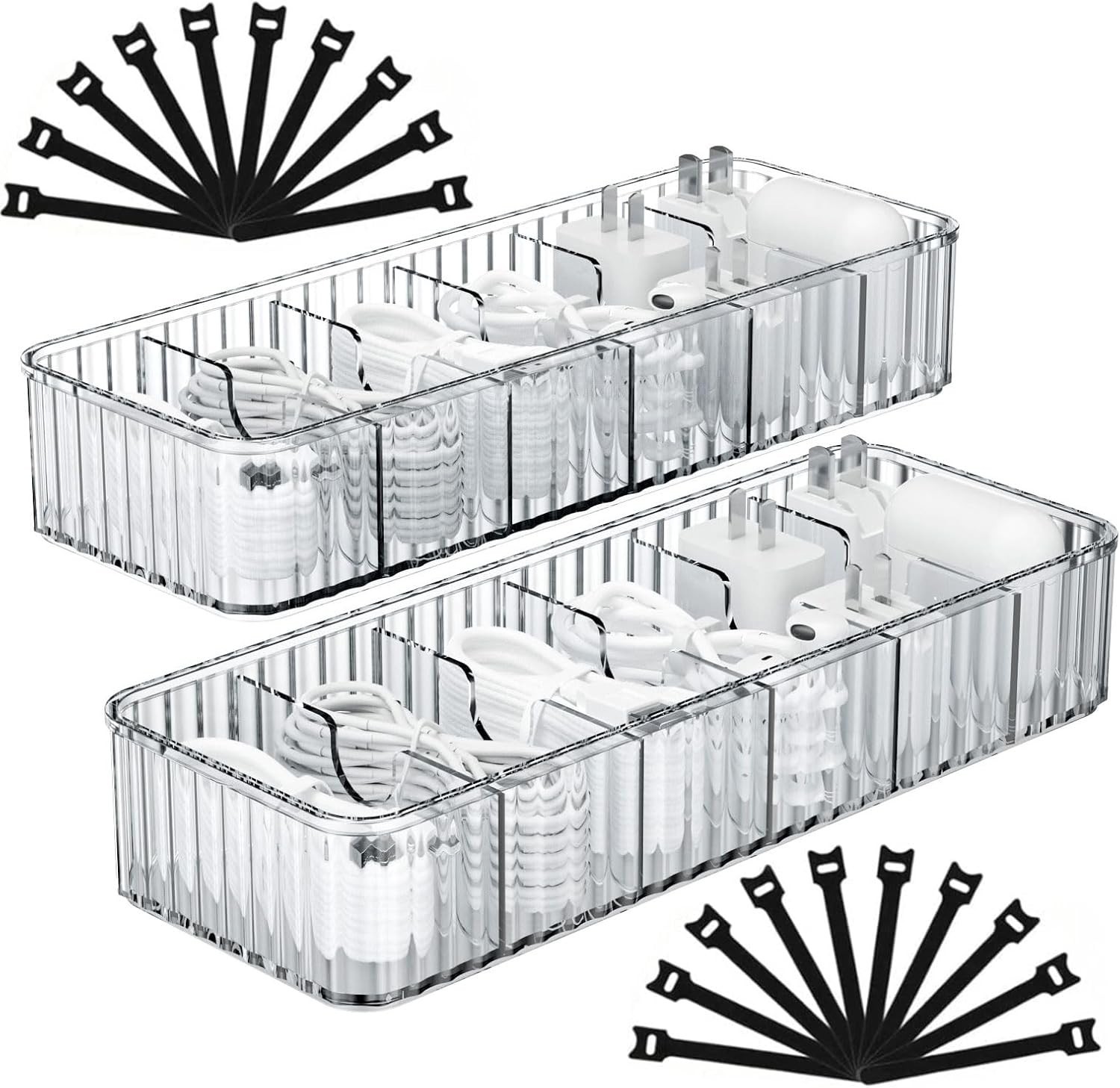 2 Pack Plastic Cable Management Box with Removable Dividers, Clear Cord Storage