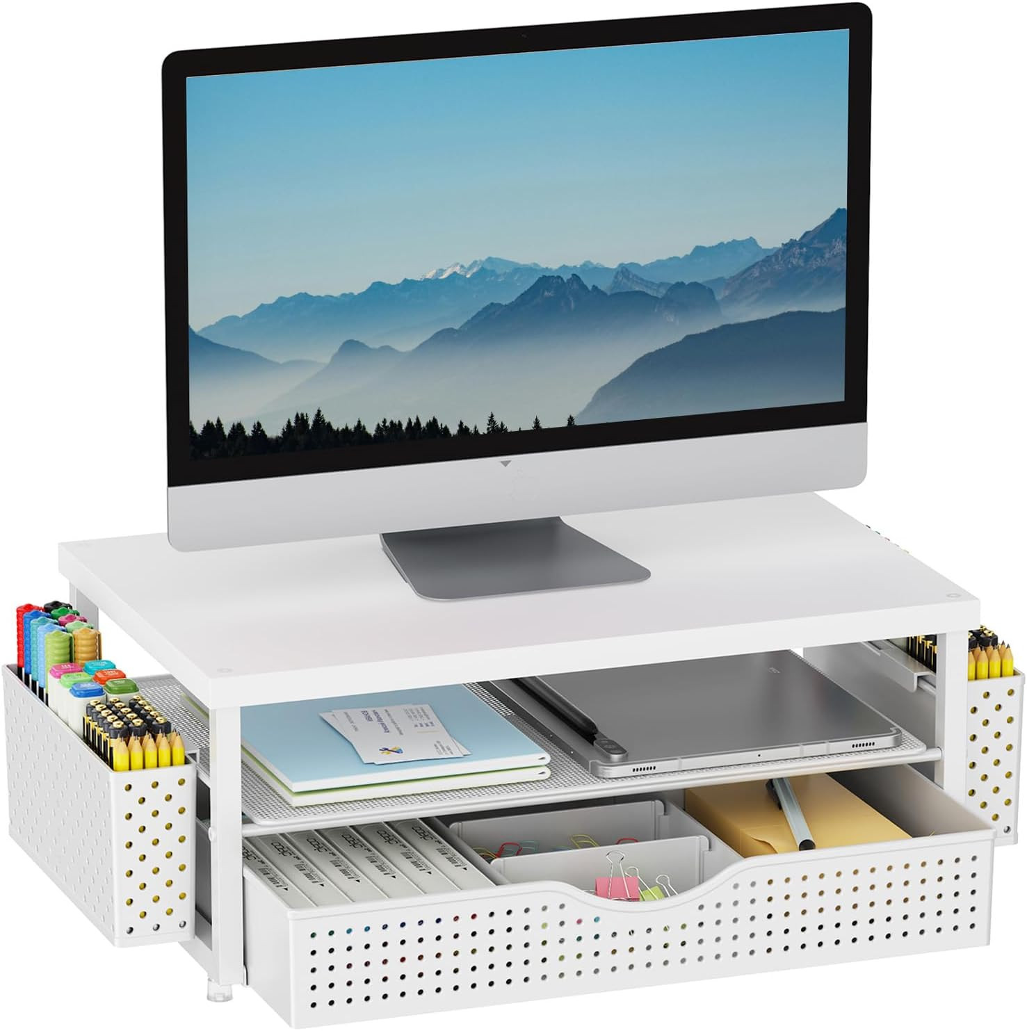 Wood Monitor Stand Riser, Office Desk Shelf Organizer, Desk Organizer with Drawe