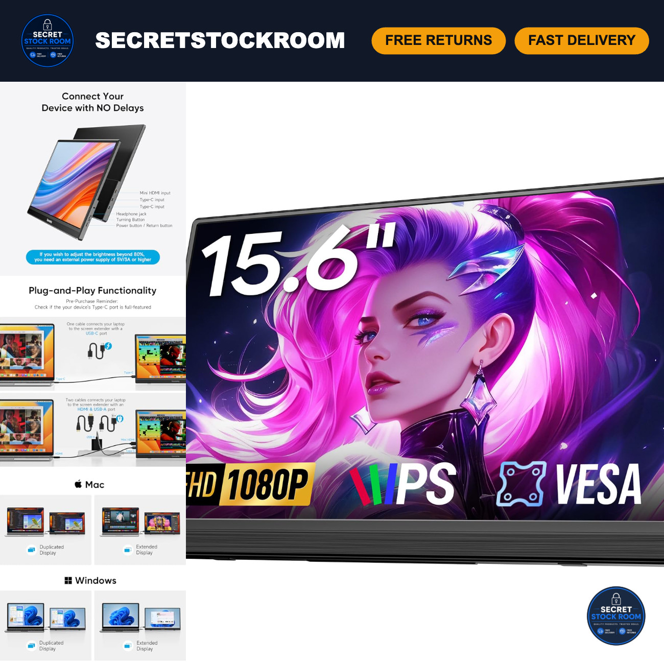 15.6" FHD 1080P Portable Monitor, Laptop Screen Extender, USB-C, HDMI, Slim Desi