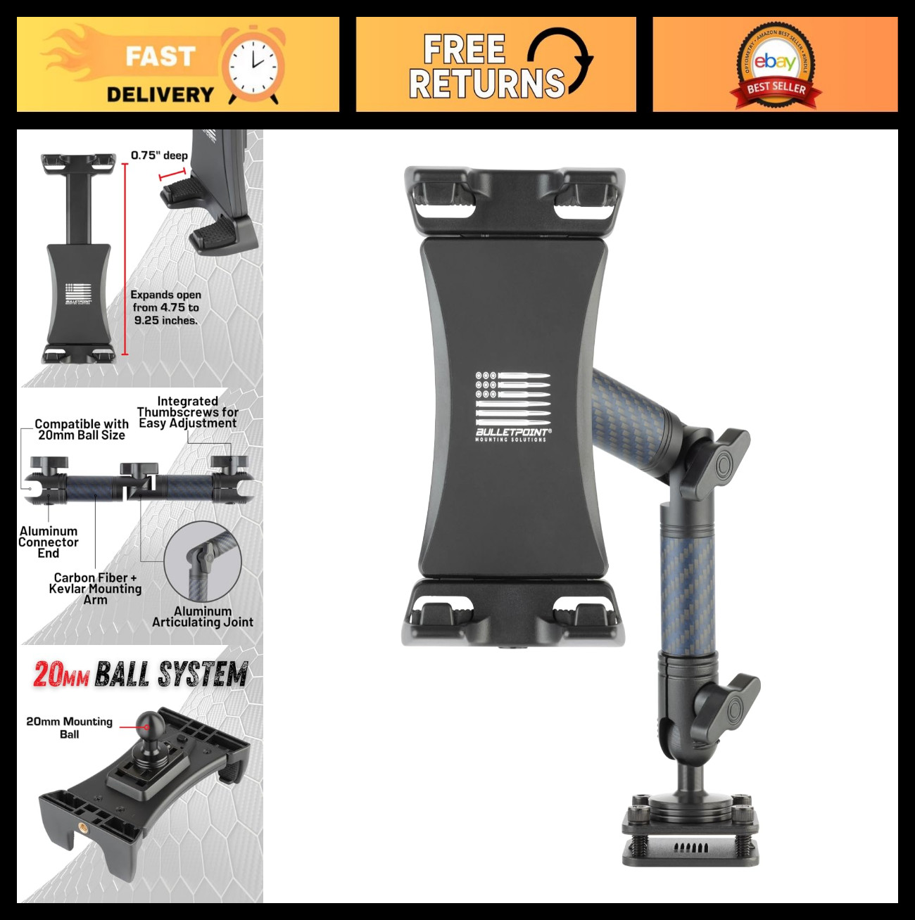 Heavy Duty Vehicle Tablet Mount - Adjustable Arm, Articulating Joint, 20mm AMPS