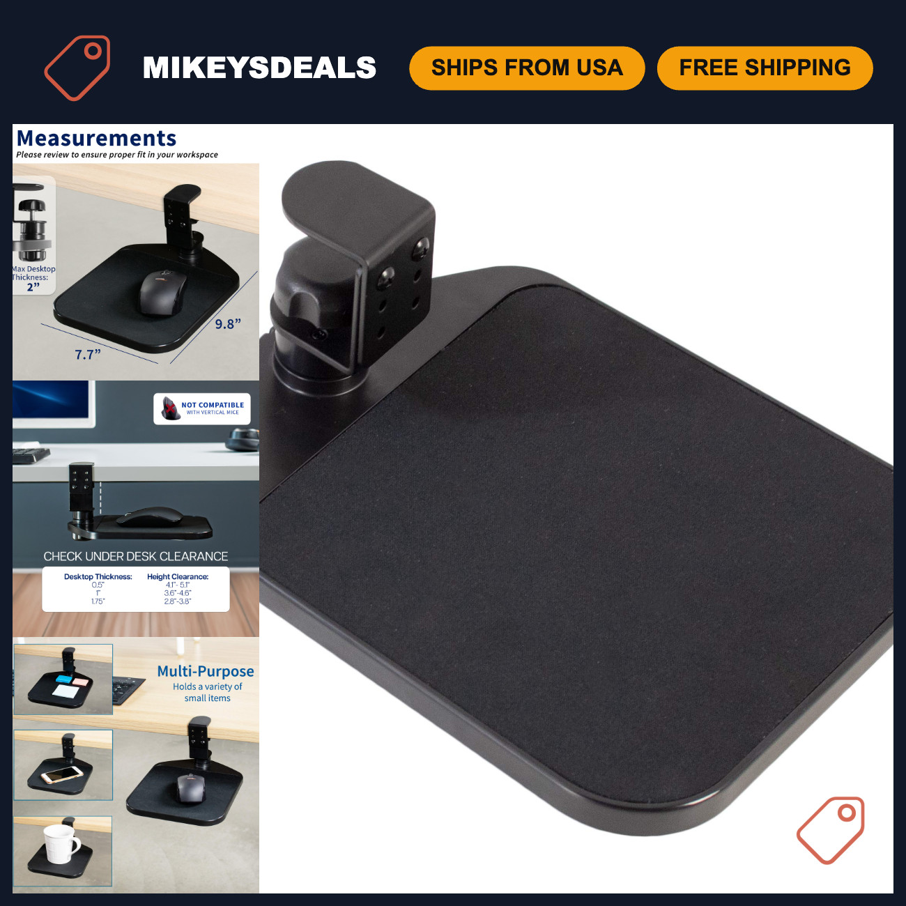 Clamp-On Mouse Pad Holder, Adjustable Platform for Desk, Ergonomic Design, Black