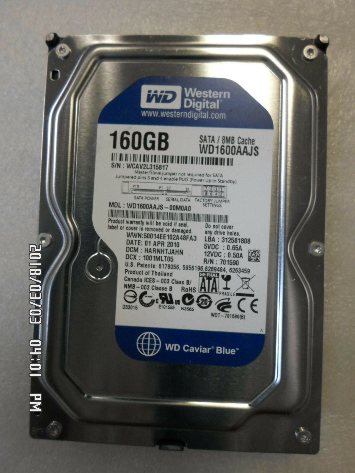 WESTERN DIGITAL WD1600AAJS-00M0A0 160GB RECERTIFIED SATA/8MB CACHE USED 