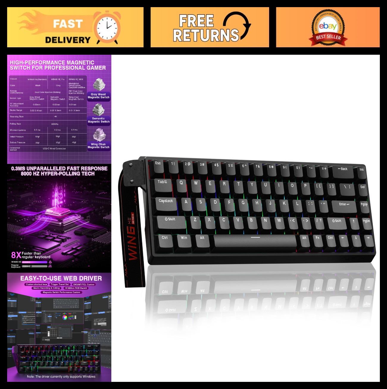 60% Mechanical Gaming Keyboard, Hall Effect Switch, 8000Hz Polling Rate, RGB Bac