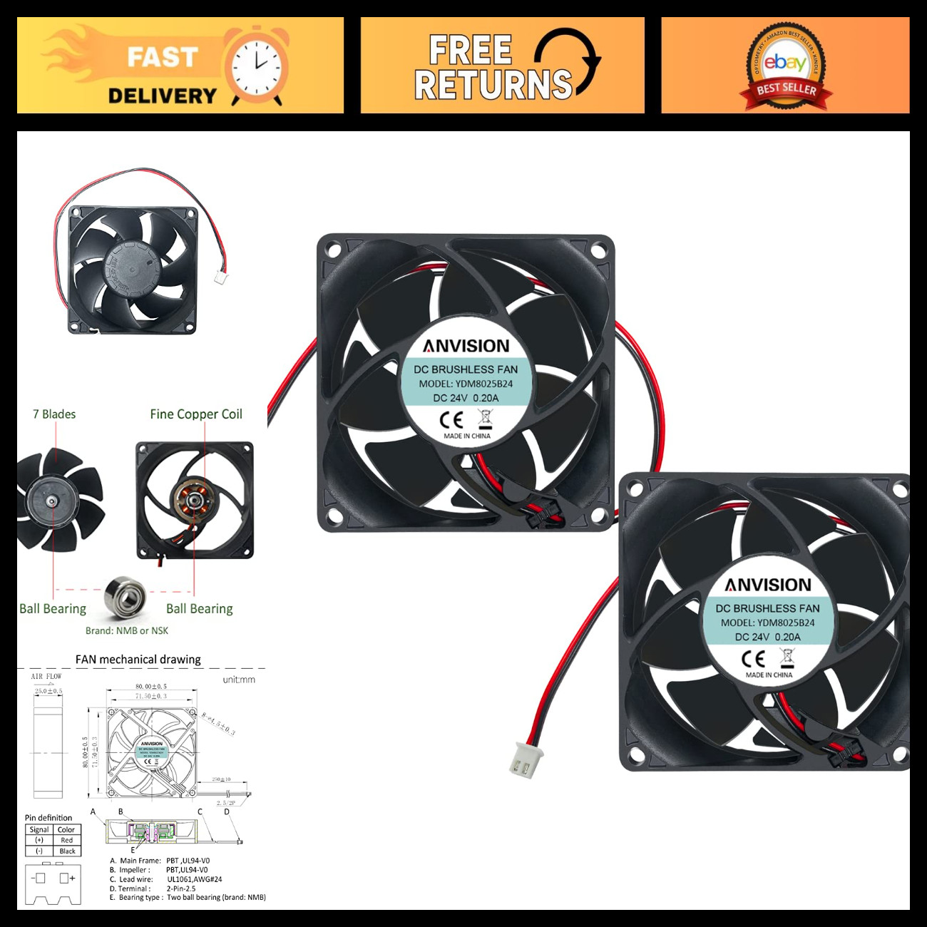 2-Pack 80mm x 25mm DC 24V Brushless Cooling Fans with Dual Ball Bearings