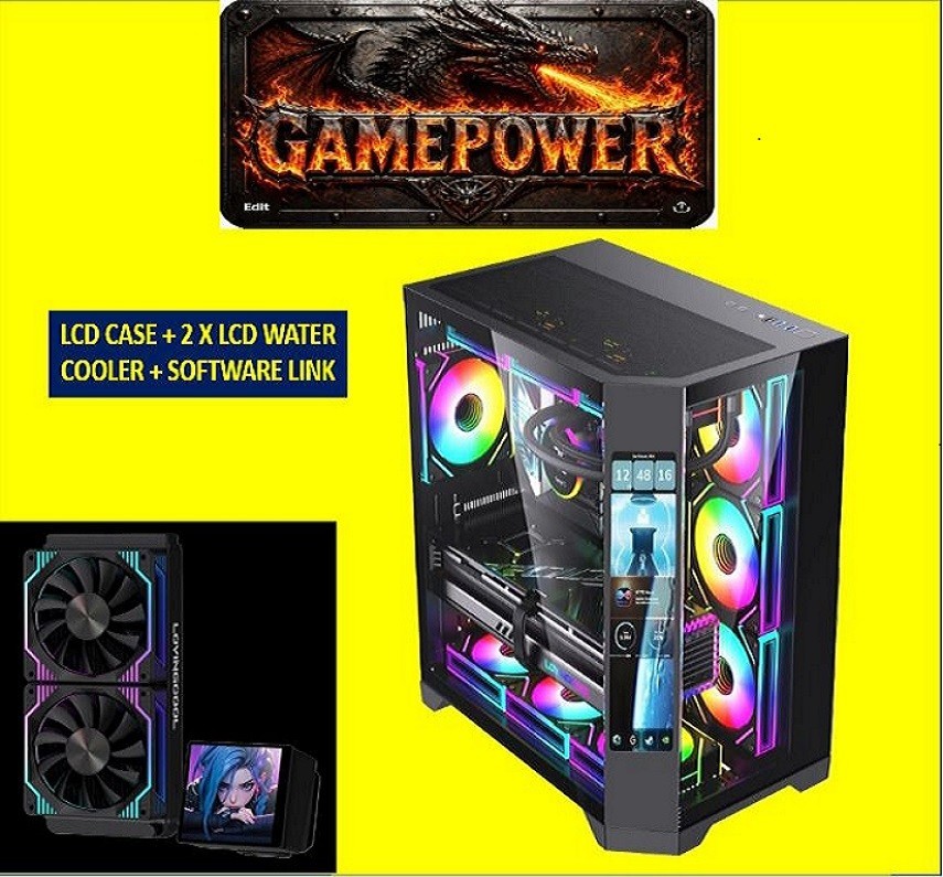 GAMEPOWER  ATX/MATX  PC CASE + LCD SCREEN 4 ARGB FANS + WATER COOLER + SOFTWARE