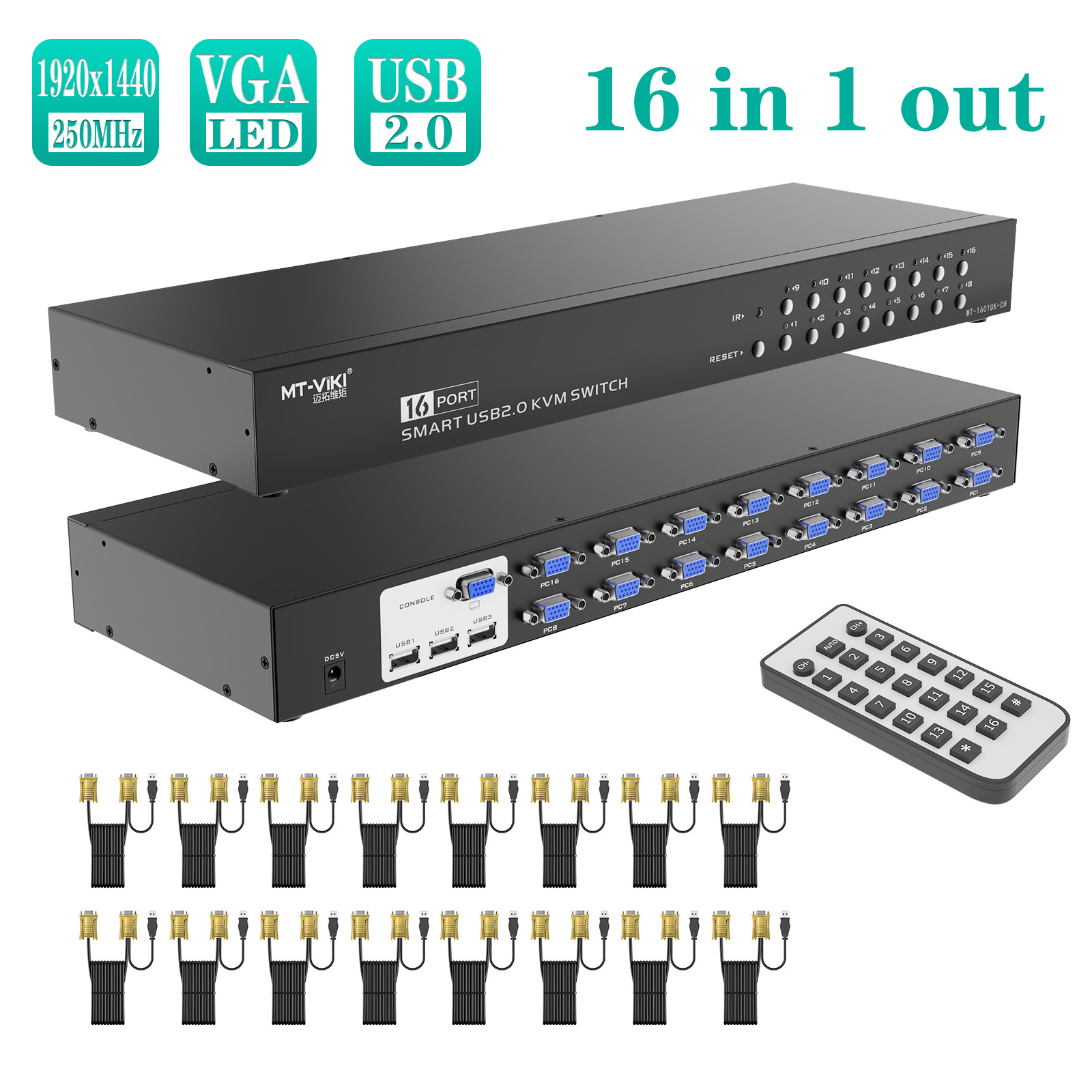 MT-VIKI 16 Port VGA KVM Switch Fit 1U 19''Rack Console Included 16 KVM Cables