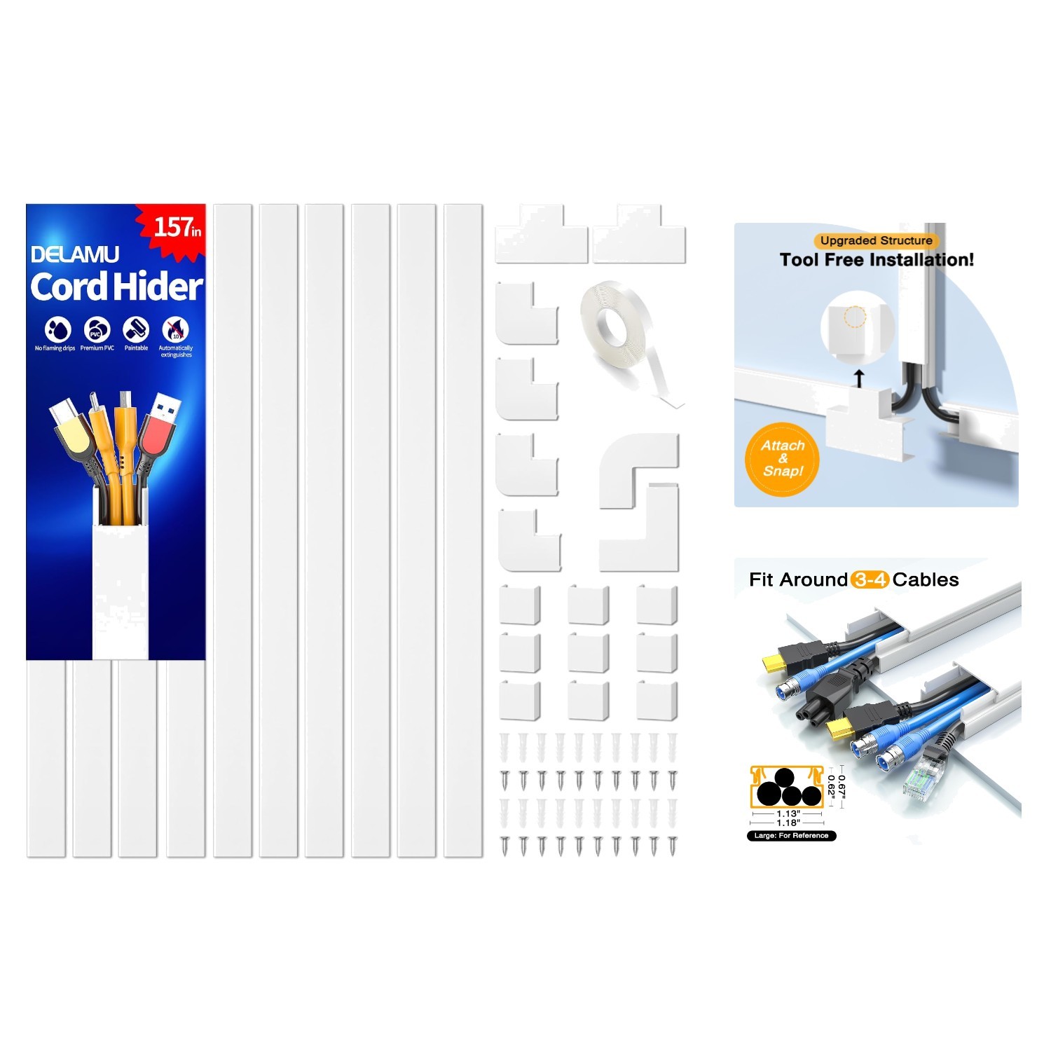 Easy Install 157in Cable Hider - Paintable Wall Wire Covers for Indoor & Outdoor