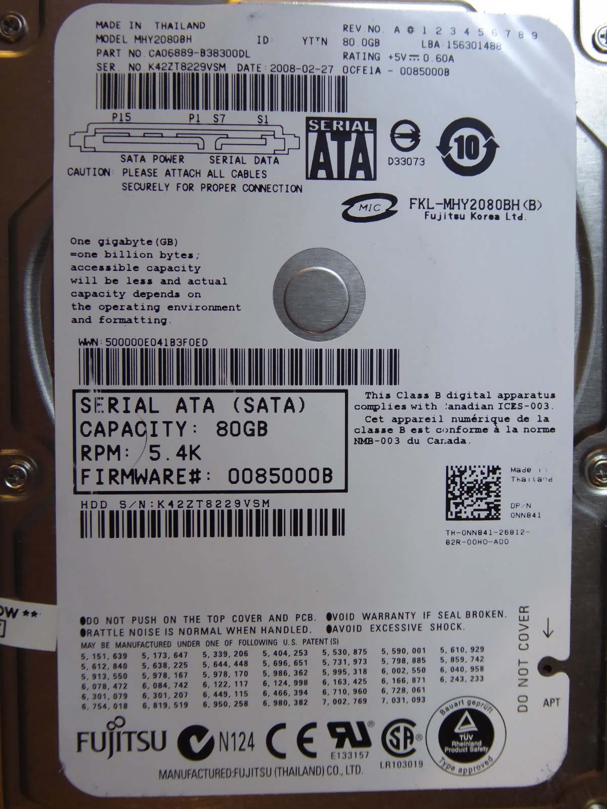 Fujitsu MHY2080BH | PN: CA06889-B38300DL | 2008-02-27 | 80GB