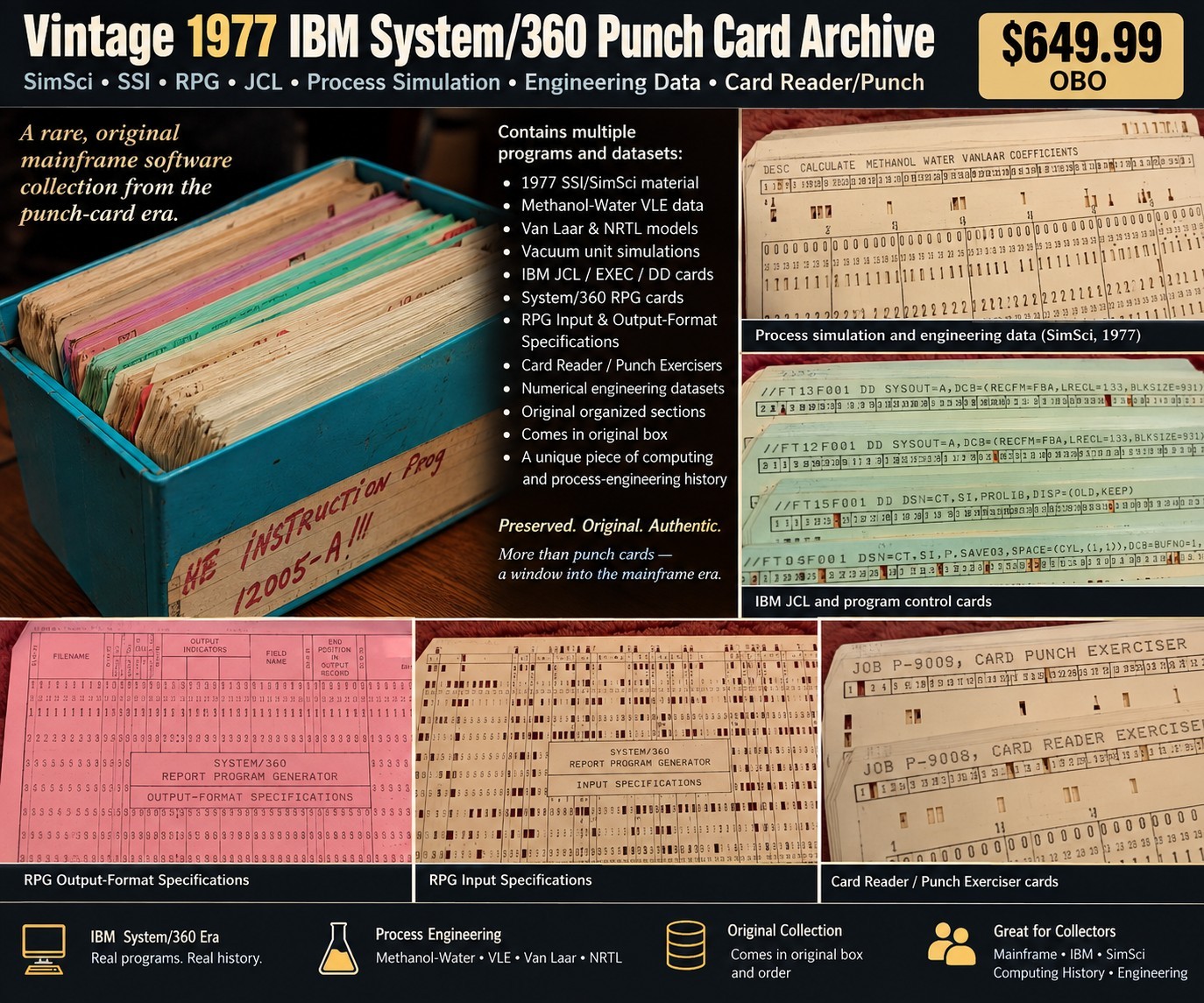 Vintage 1977 IBM System/360 Punch Card Program Archive SimSci SSI RPG Mainframe