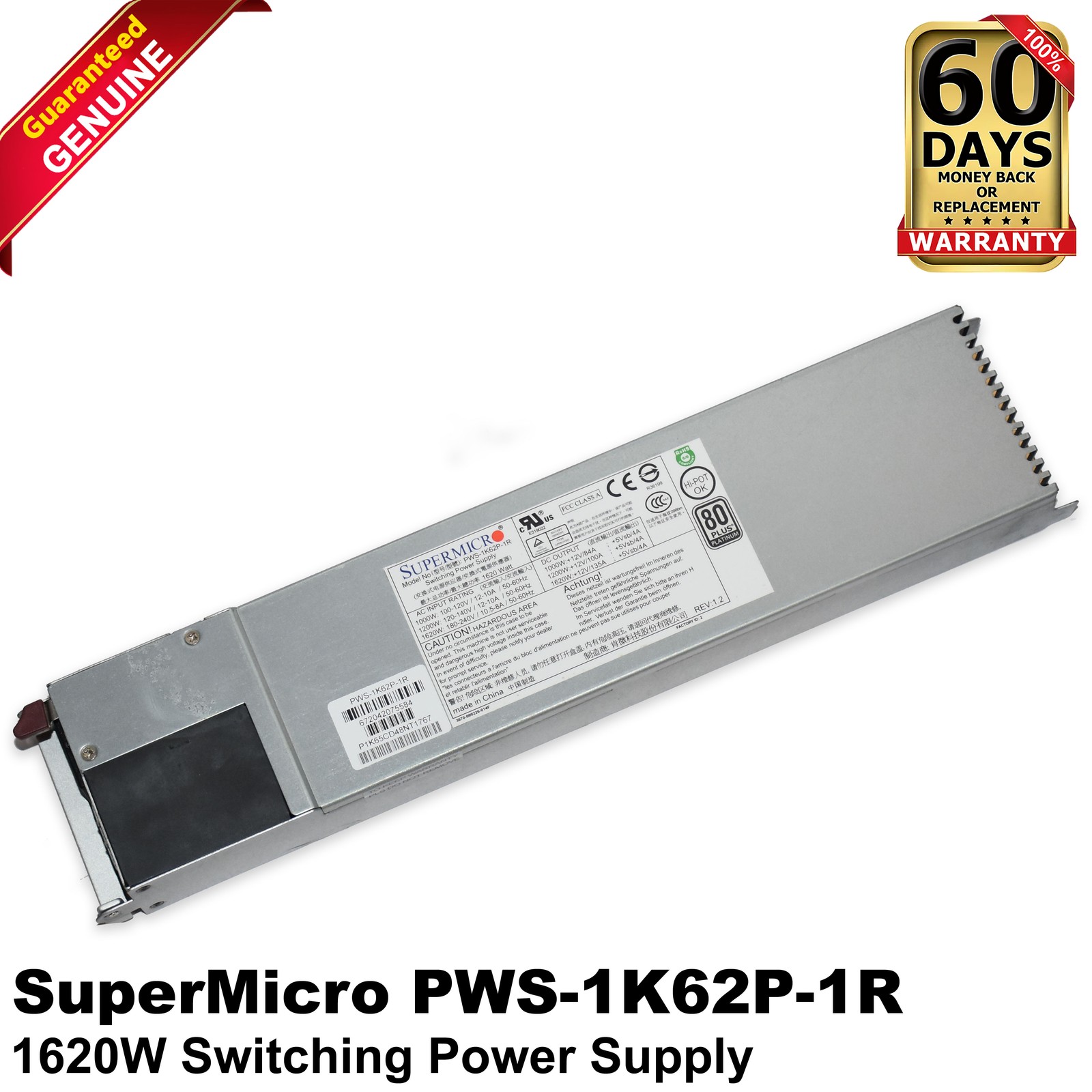 Supermicro 1620W 80+ Platinum 1U Redundant Switching Power Supply PWS-1K62P-1R