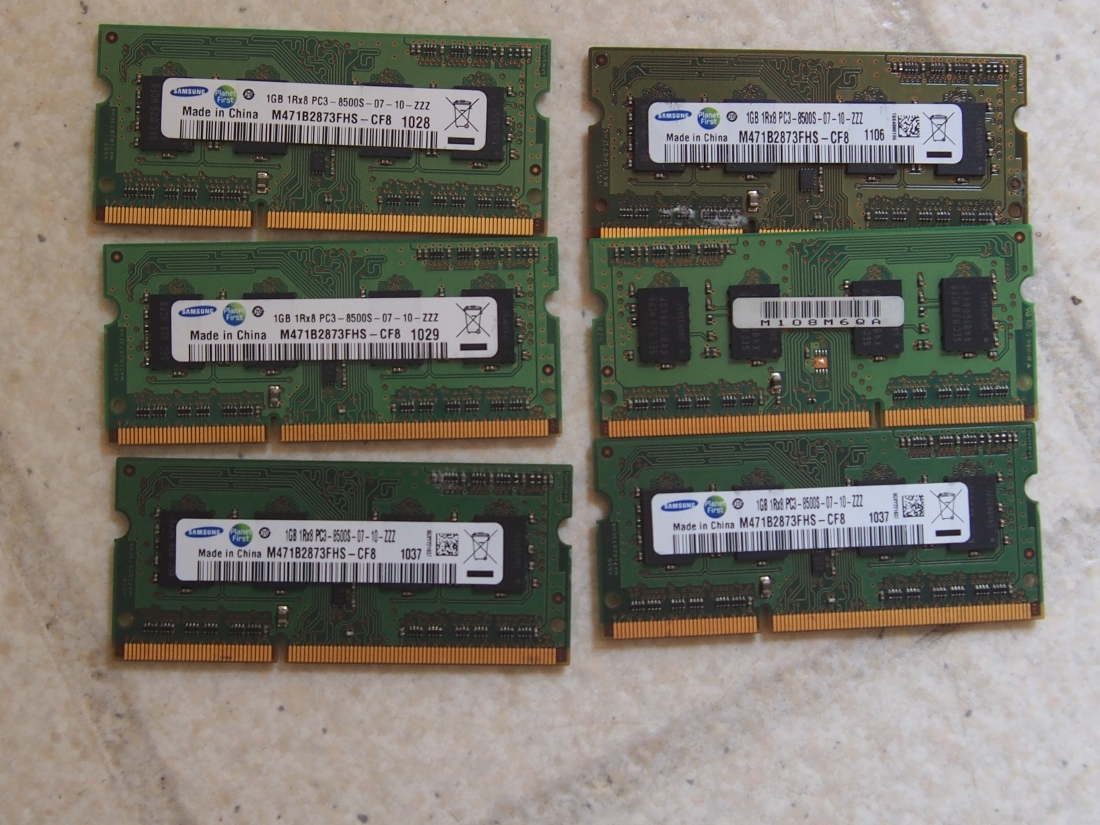 6GB (6x1GB) Samsung Planet First 1GB 1Rx8 PC3-8500S 7-10-ZZZ Used M471B2873FHS