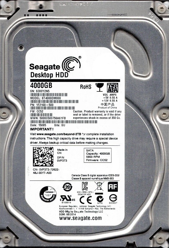 ST4000DM000 P/N: 1F2168-500 F/W: CC52 SU S300 China Seagate 4TB