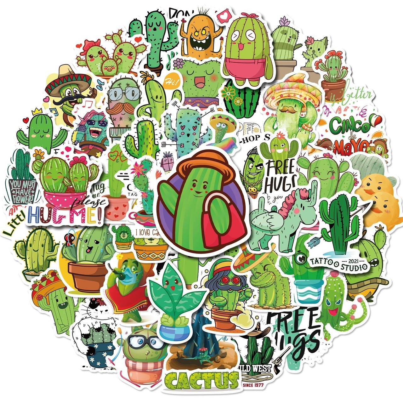 50 PCS Stikers Phone Stiker Guita Stiker Laptop Stiker Skateboard Stiker-Cactus