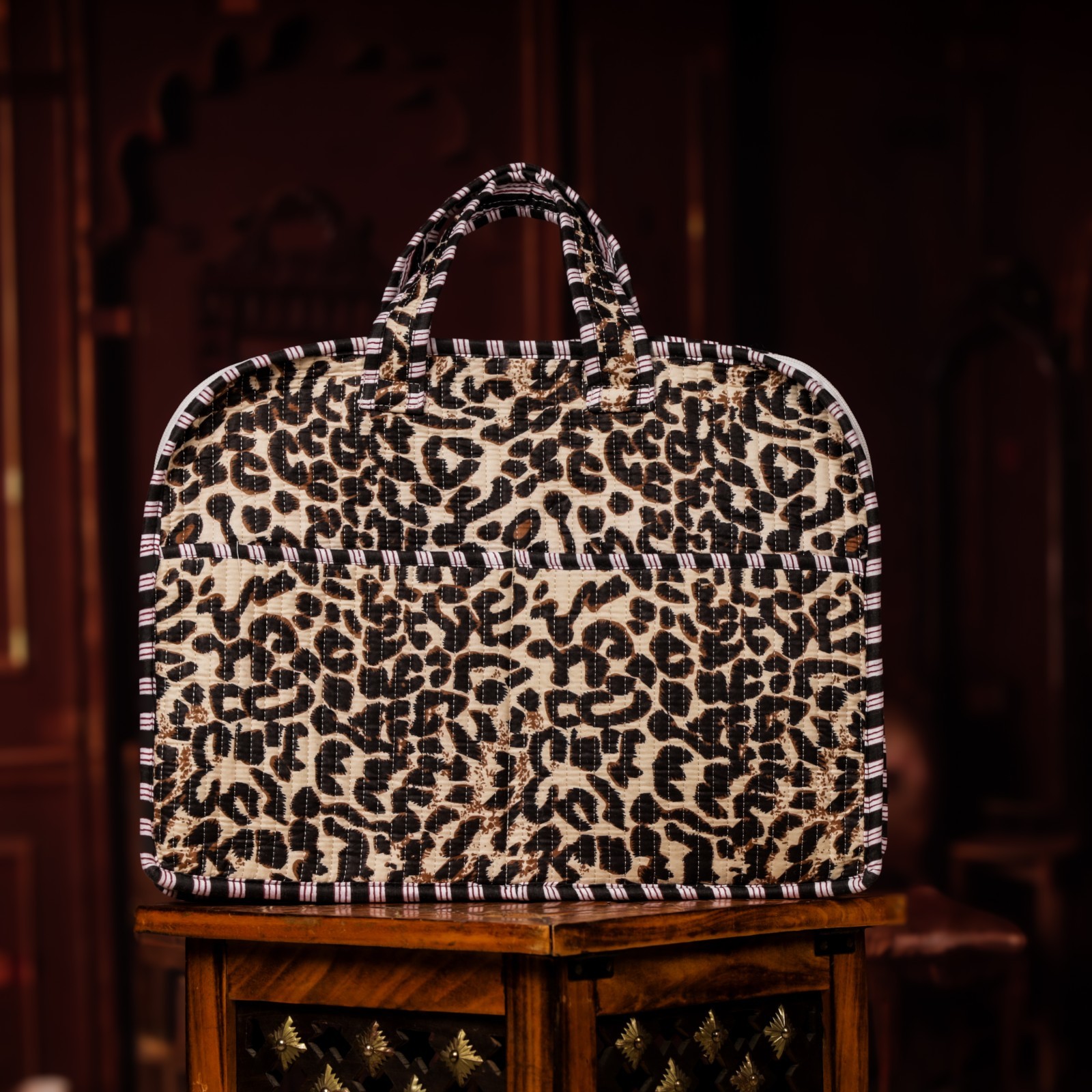 Leopard Print Laptop Bag Quilted Cotton Office Tote Handmade Boho Travel Bag