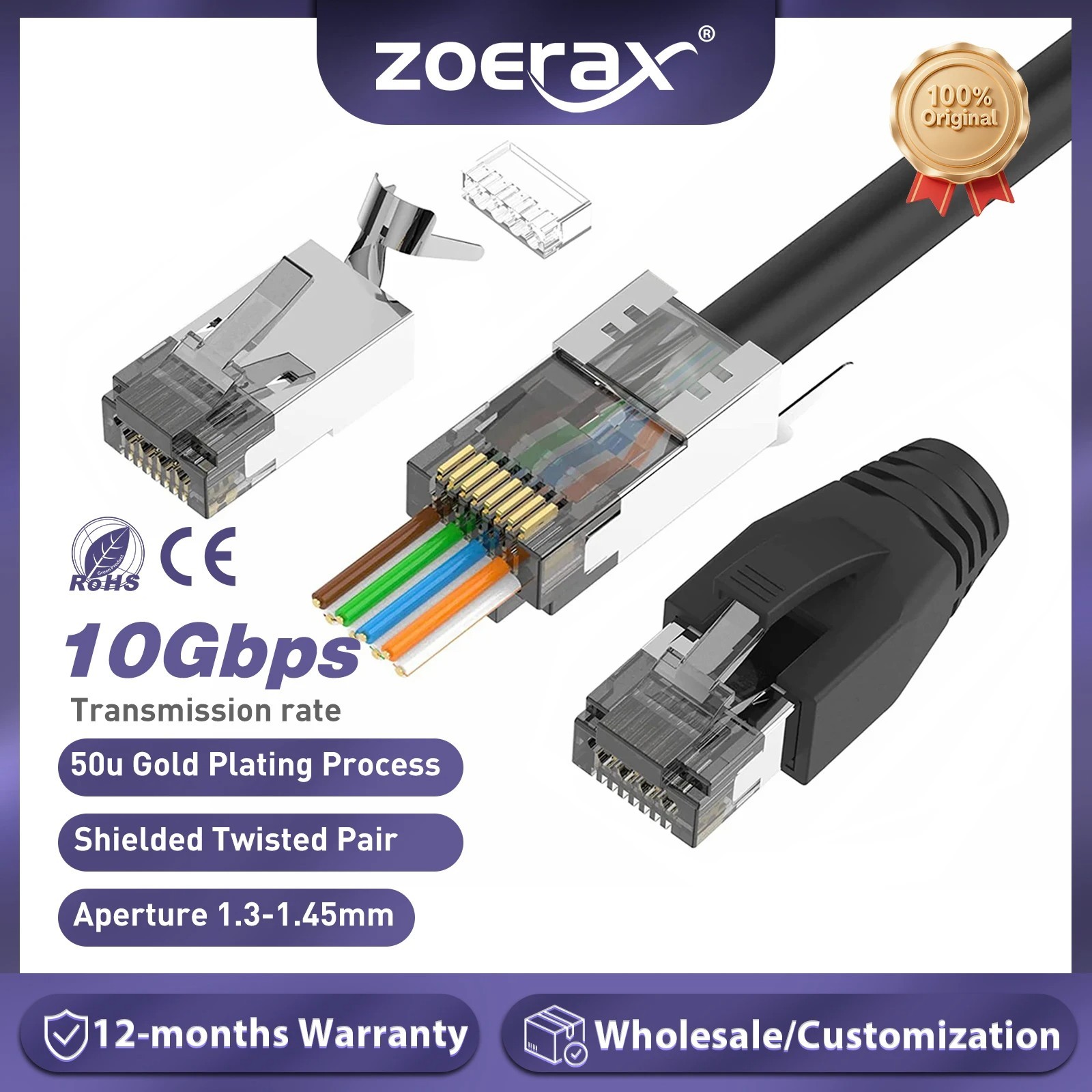 ZoeRax CAT6A CAT7 Connector RJ45 Connectors Pass Through with Strain Relief Boot