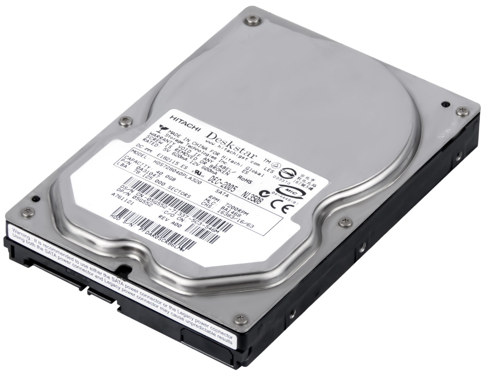 HARD DRIVE HITACHI DeskStar 7K80 HDS728040PLA320 40GB 7.2k 2MB SATA II 3.5''