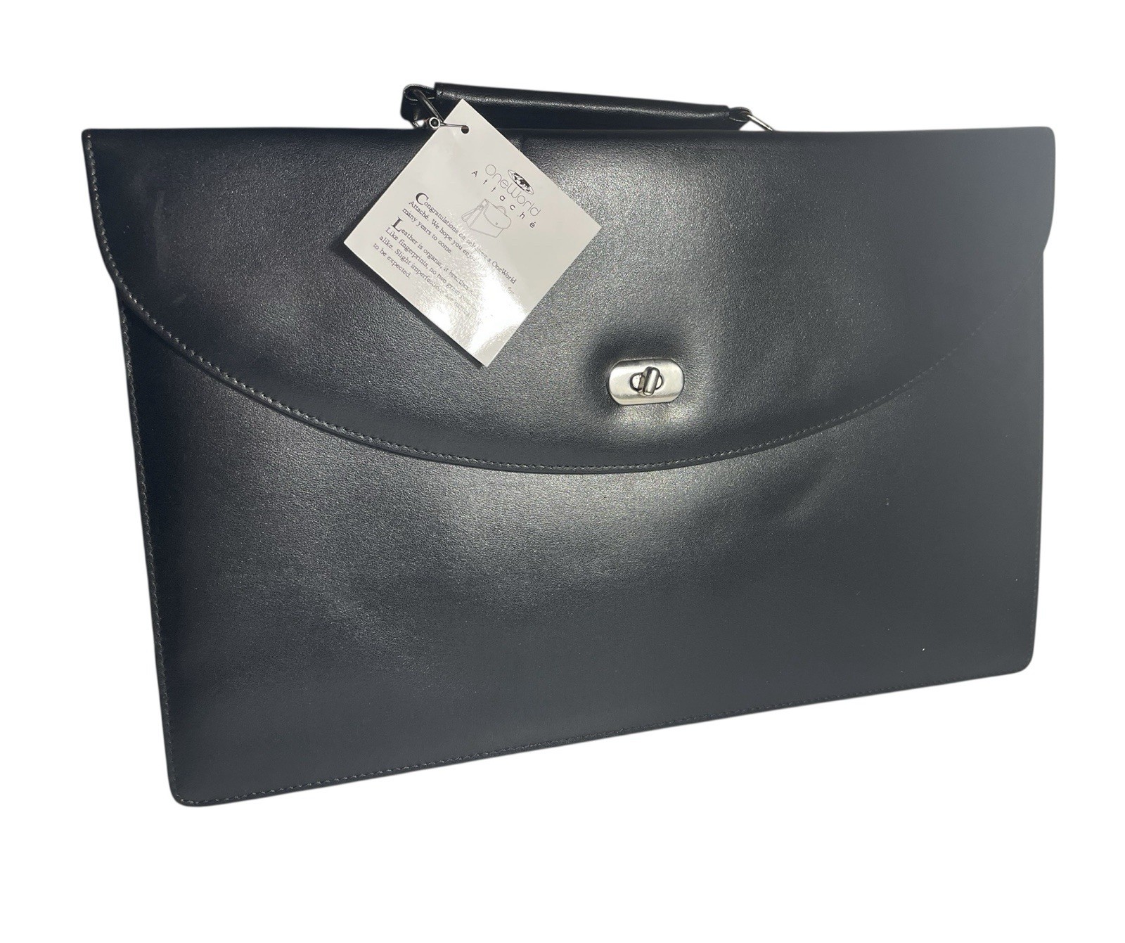 OneWorld Leather Attache' Black Messenger Bag Hard Silver Toggle 1990s New