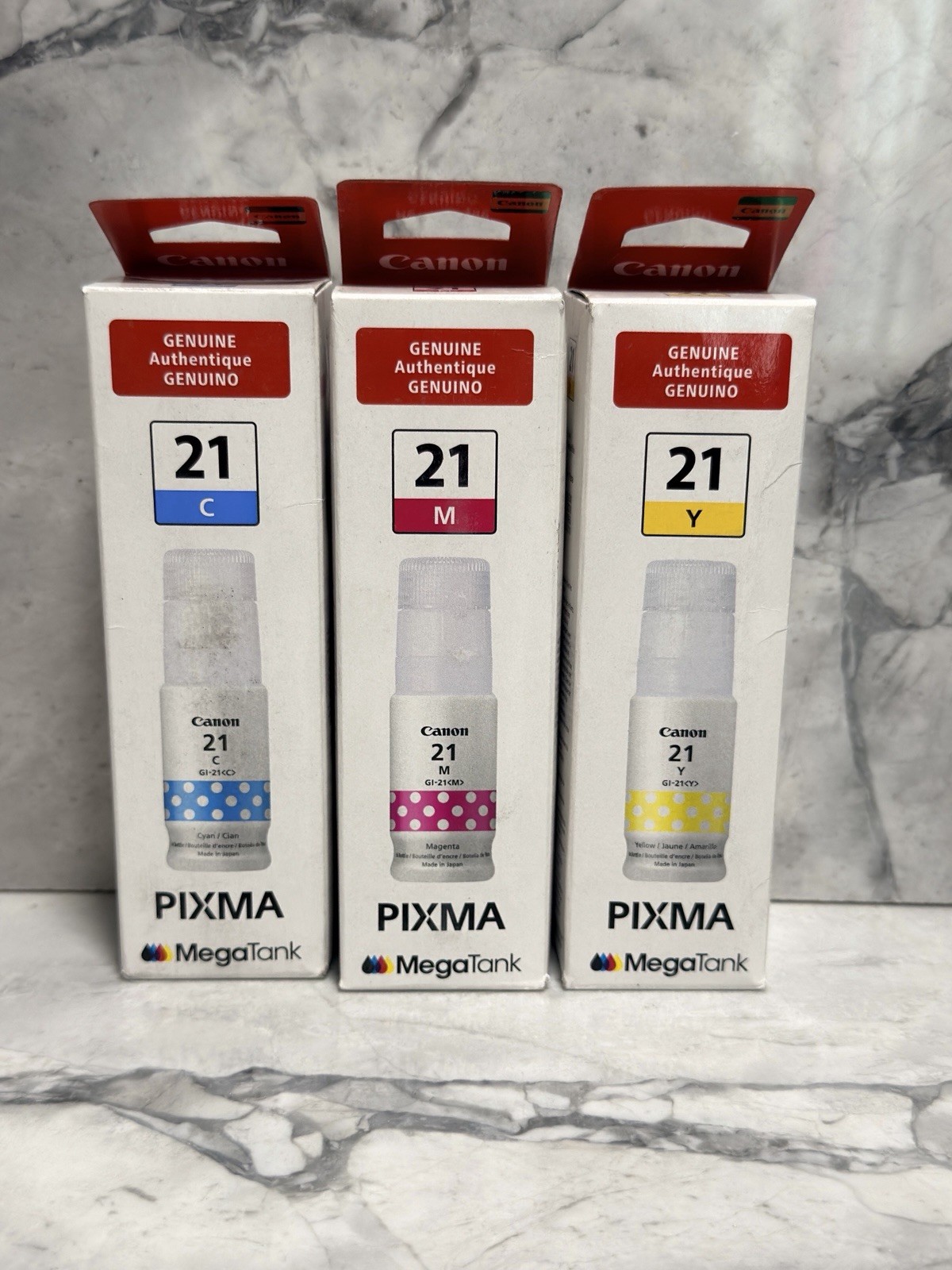 Canon Genuine GI-21 Cyan Magenta Yellow MegaTank Ink Bottles Sealed
