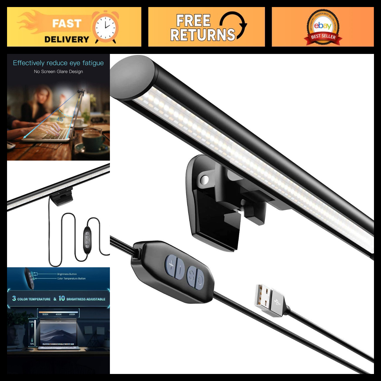 Portable Laptop Monitor Light Bar, Adjustable LED Desk Light for Eye Care & Work