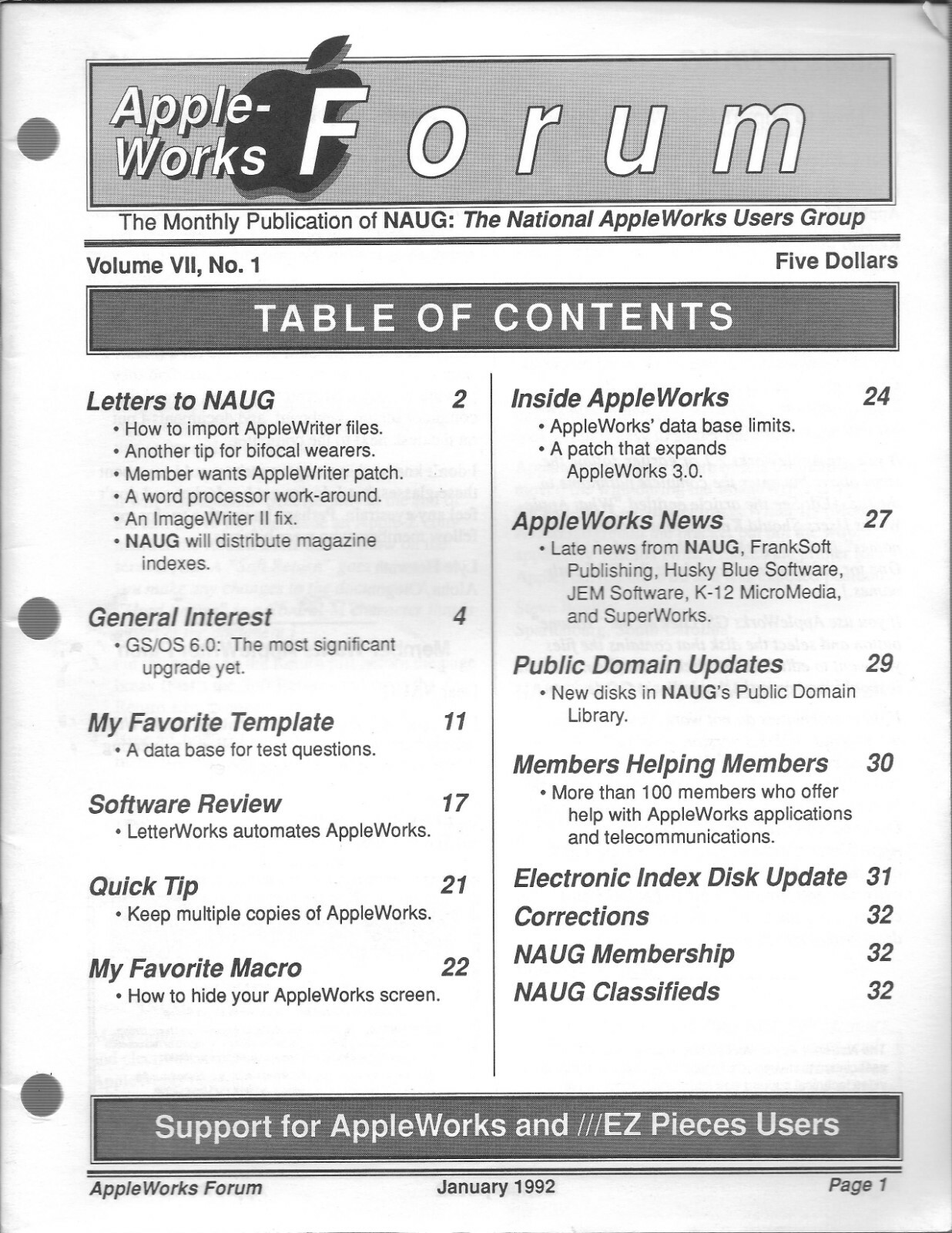 AppleWorks Forum Magazine, January 1992 for Apple II II+ IIe IIc IIgs