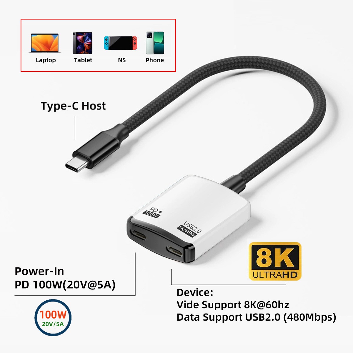 AR Glass USB C 1 to 2 Data Charging Splitter Support USB 2.0/8K@60Hz PD100W