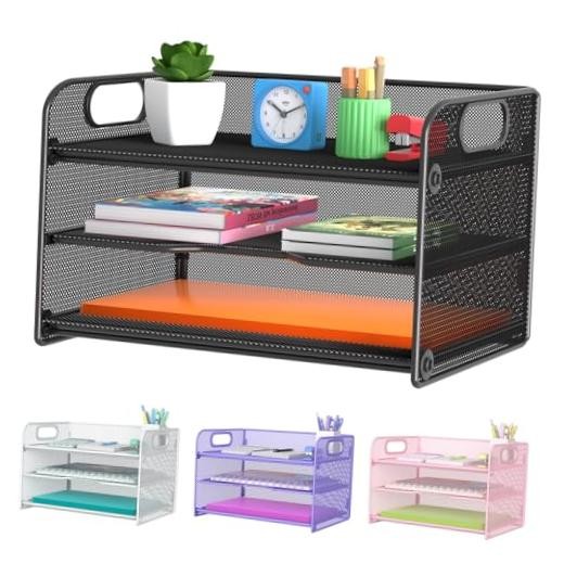 3 Tier Letter Tray Paper Organizer with Handle, Mesh Black 3 Tier Pack of 1