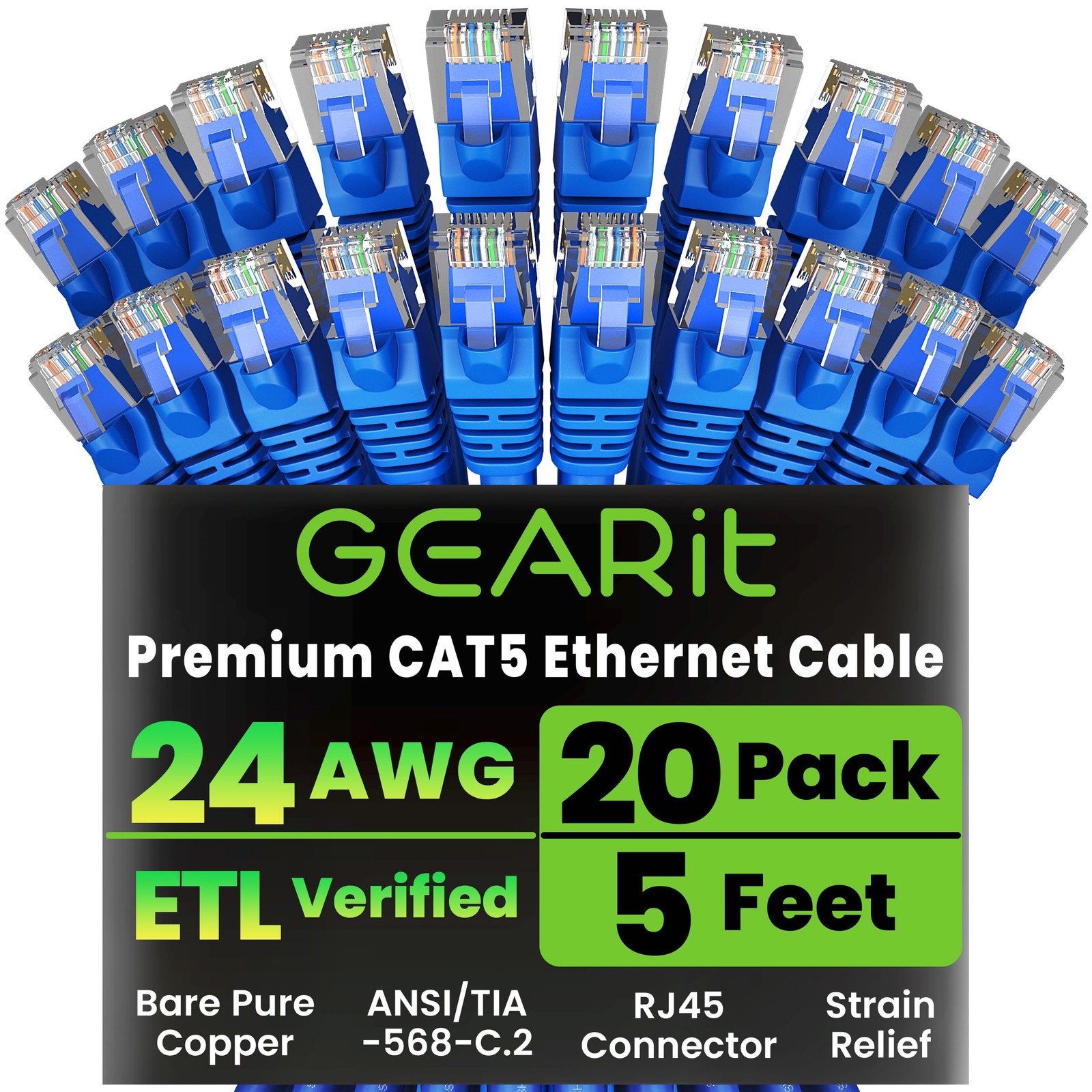 Blue Cat5e Ethernet Patch Cable 5 FT 20 PCS Snagless RJ45 LAN Network Cord
