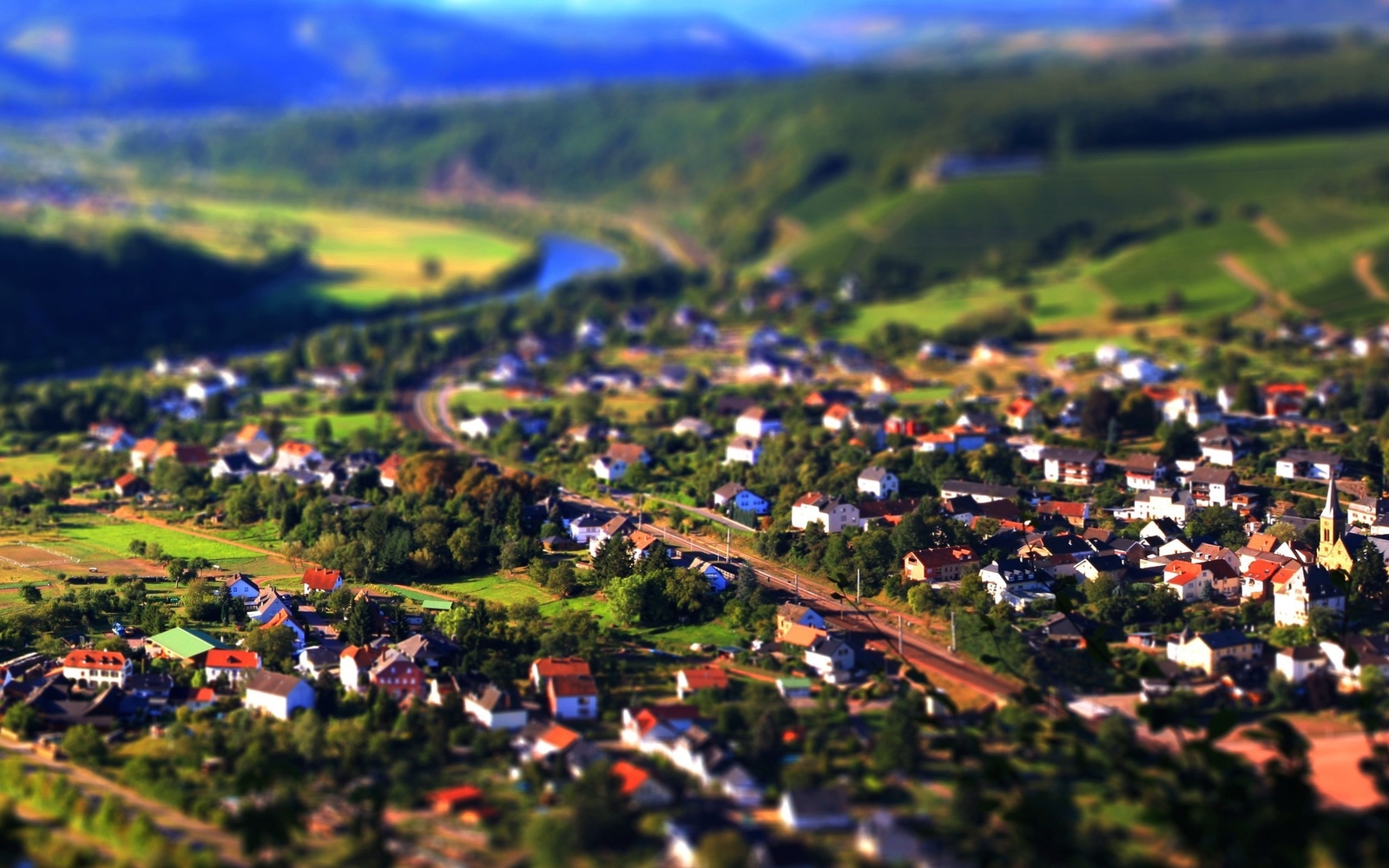 Landscape tilt shift town railway river art Custom Gaming Mat Desk