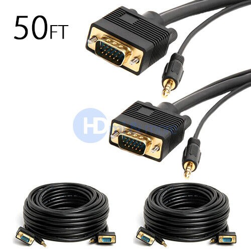 2x 50' FT Super VGA SVGA TV Monitor Cable with 3.5mm Audio Stereo Male to Male