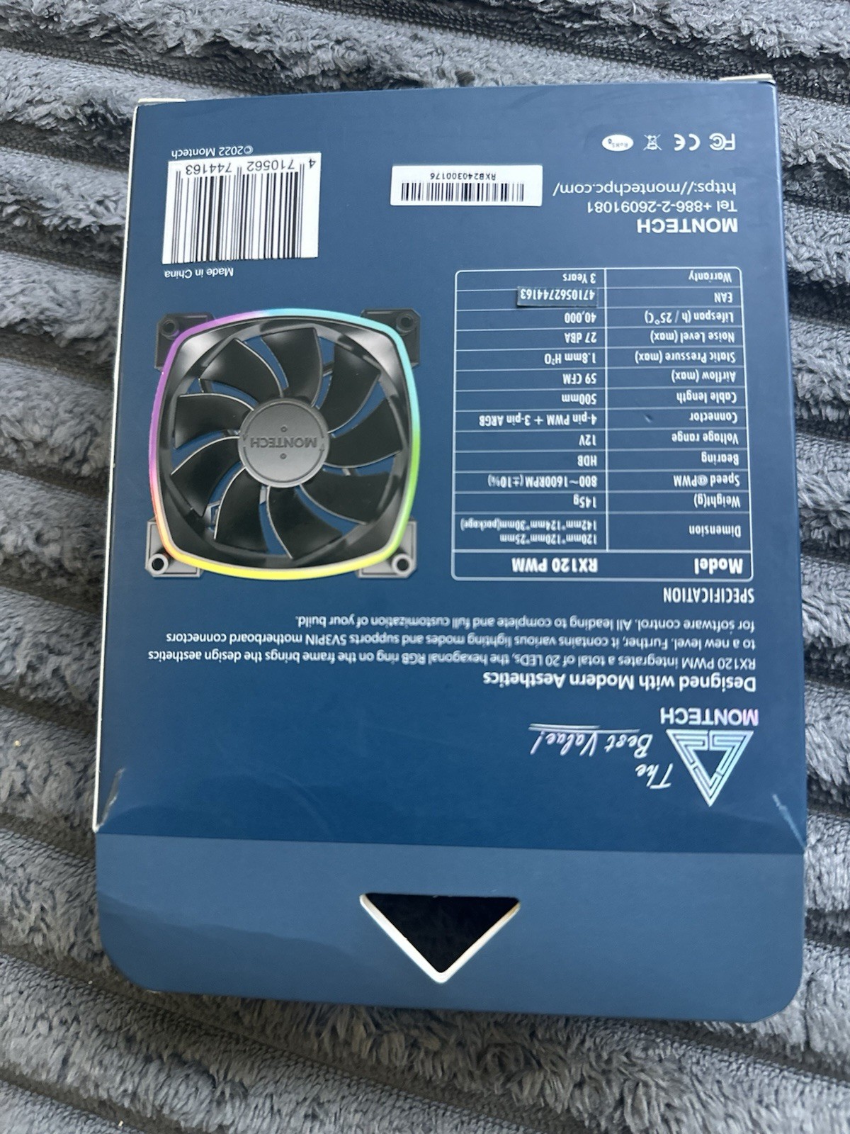 MONTECH RX120 PWM 120mm Reverse Blade Case Fan 4-Pin PWM 3-Pin ARGB Black