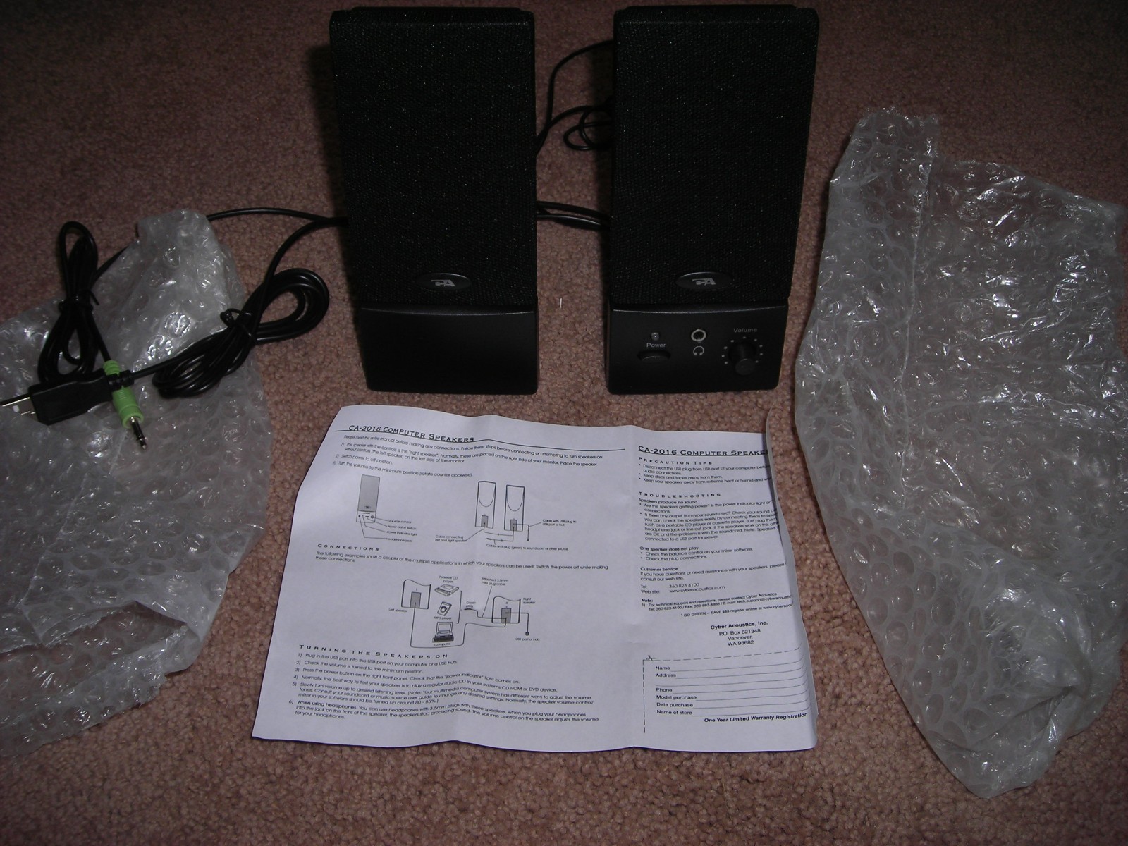 NEW CYBER ACOUSTICS CA-2016 PC COMPUTER SPEAKERS BLACK USB POWER VOLUME CONTROL