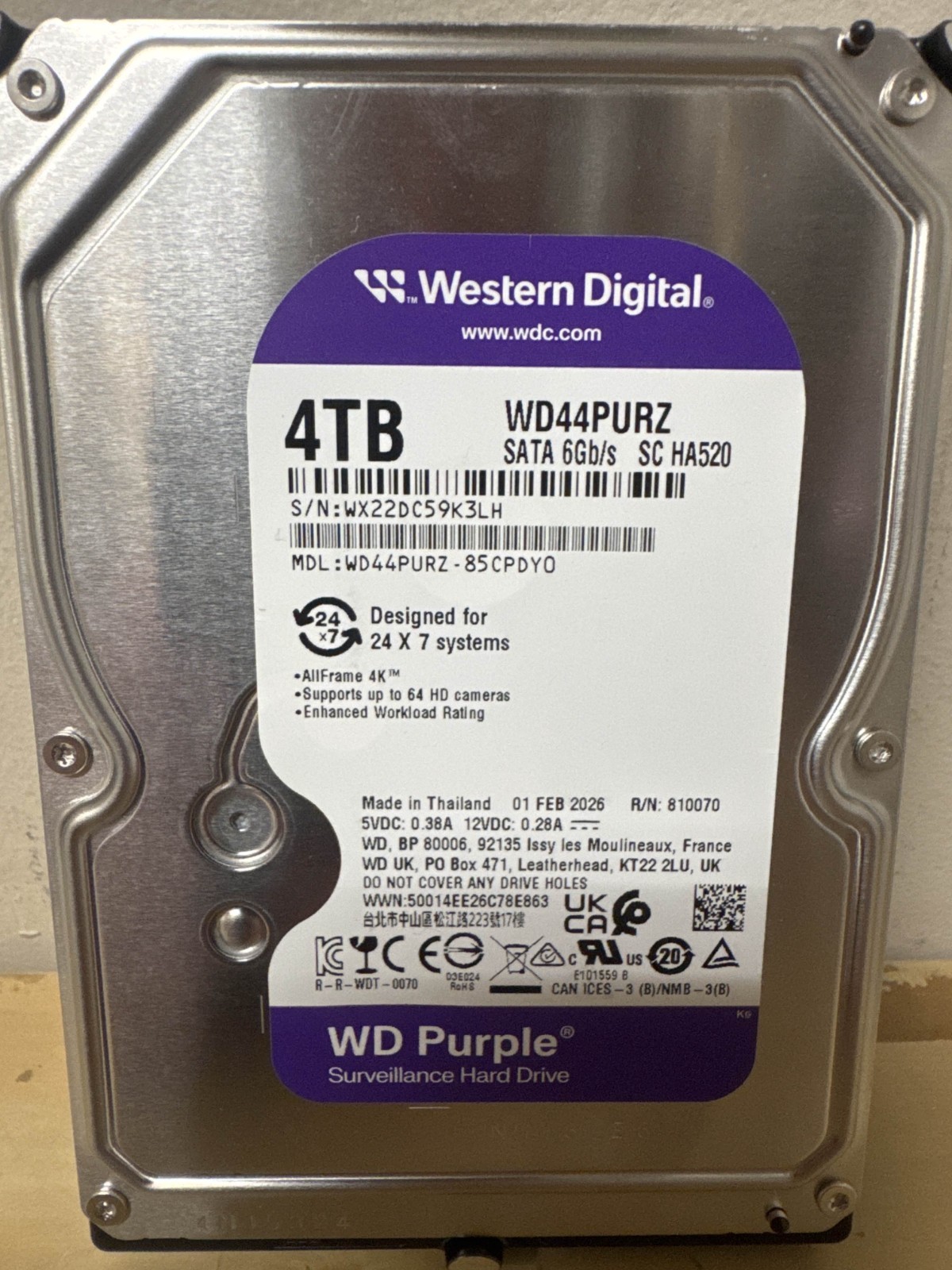 Western Digital Purple WD44PURZ-85CPDY0 4TB 3.5" SATA Surveillance HDD