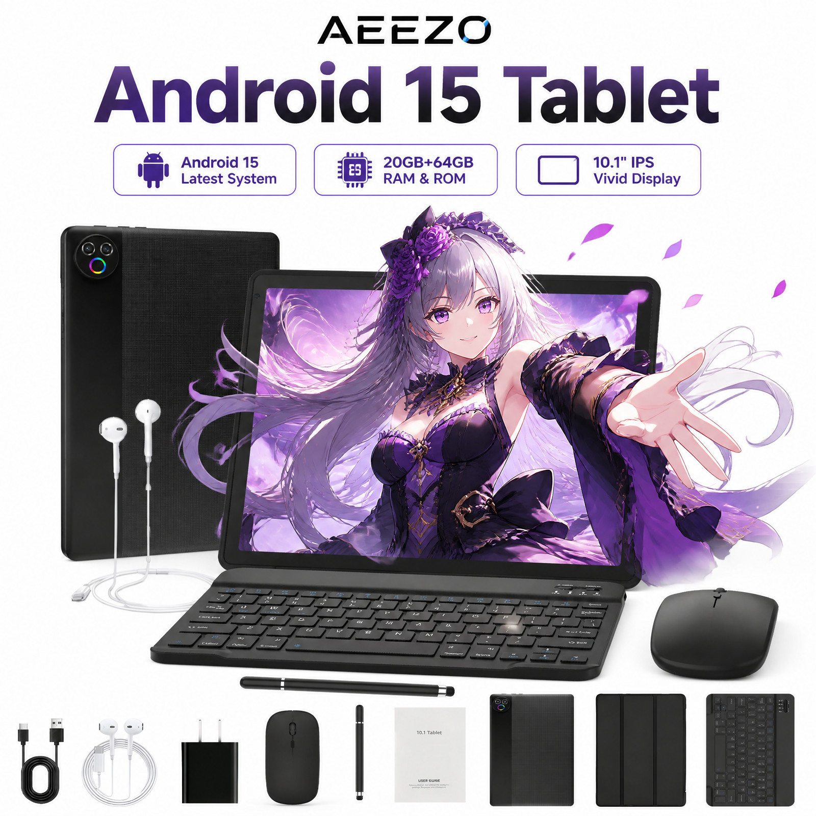 AEEZO Tablet Android 15 GMS 64GB Wifi 5G Face ID Unlock 10.1" IPS Black Bundle