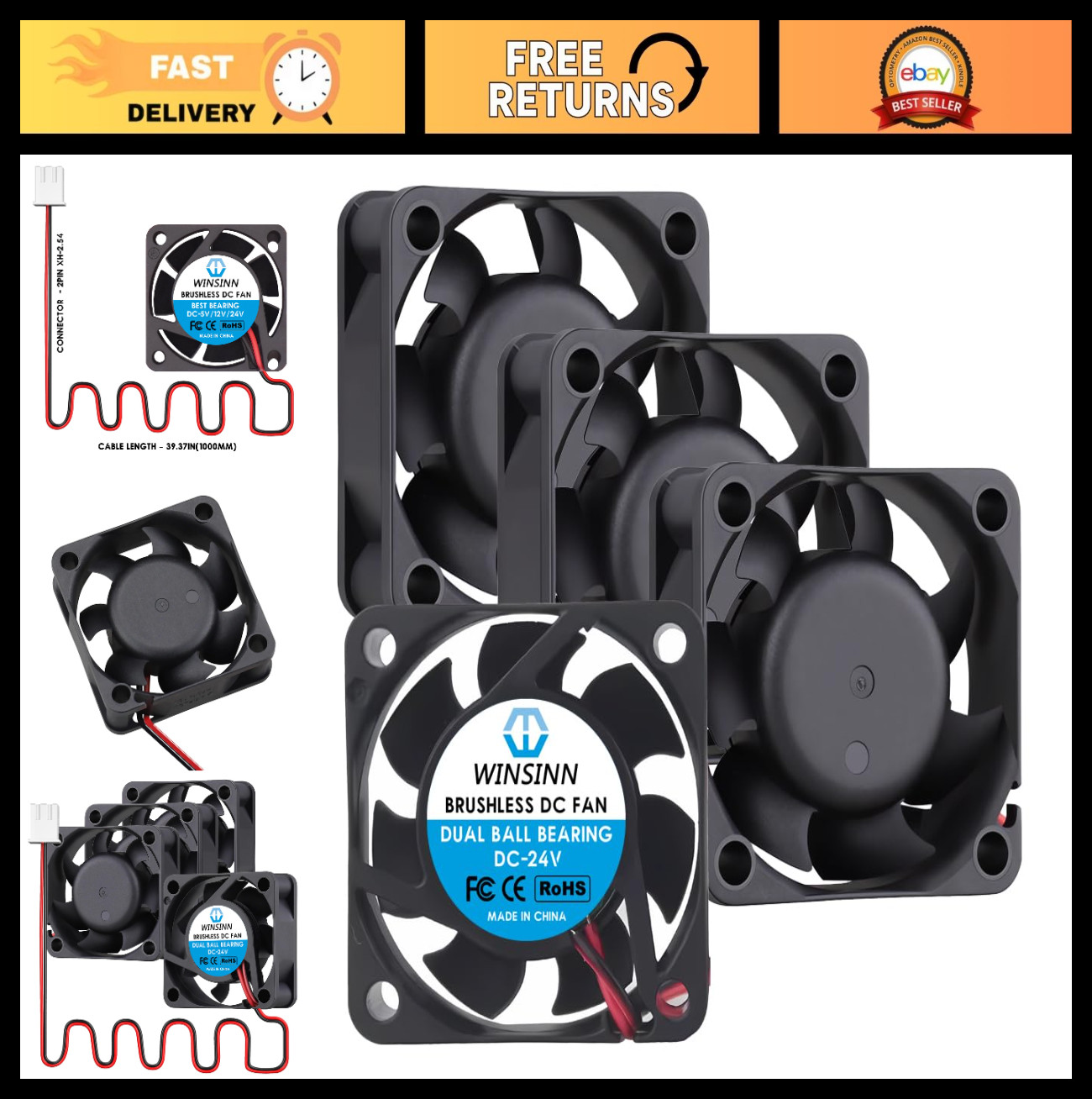 40mm 24V Brushless Cooling Fan - Dual Ball Bearing, 10000 RPM, 4Pcs, Ideal for S