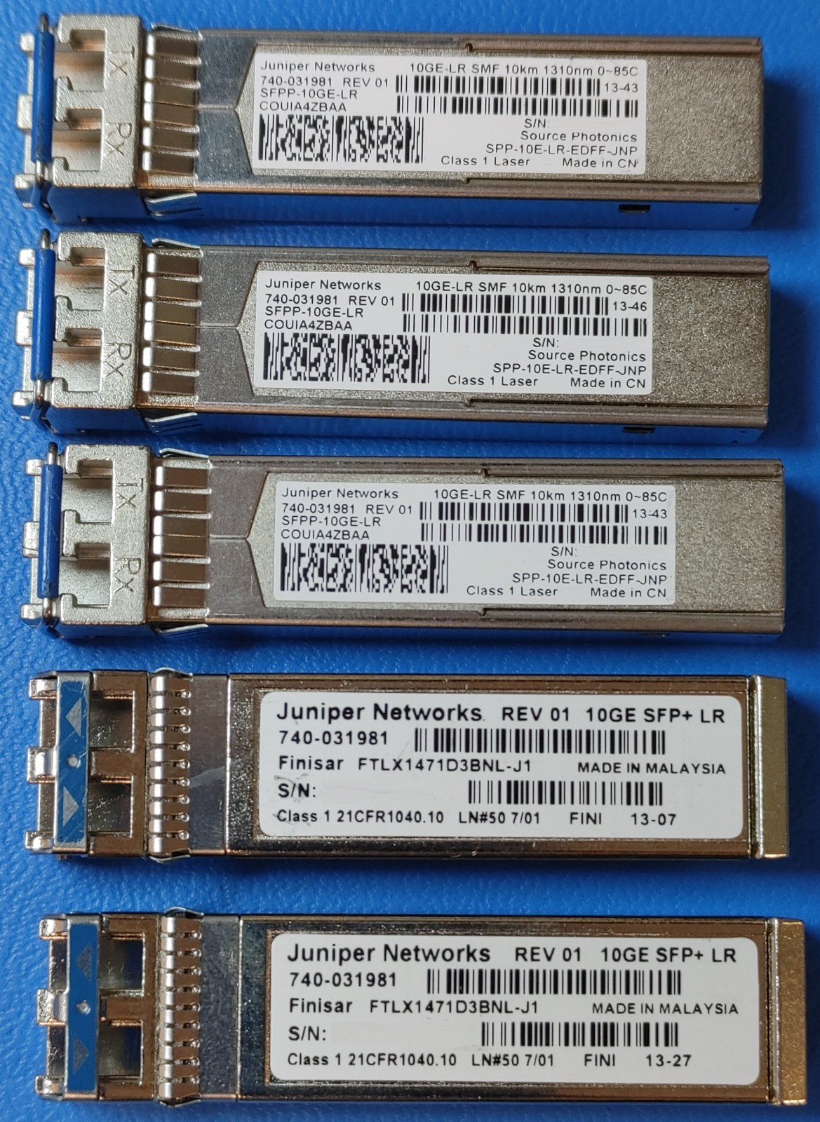 LOT of 5 Juniper 740-031981 SFPP-10GE-LR 10GBASE-LR 1310nm 10km SFP+ Transceiver