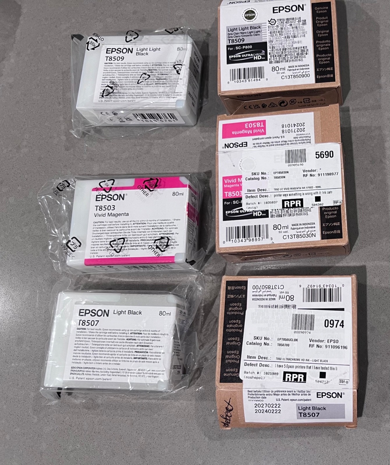 Lot of Defective Genuine Epson T8507 Light Black T8509 T8503 Magenta Inks