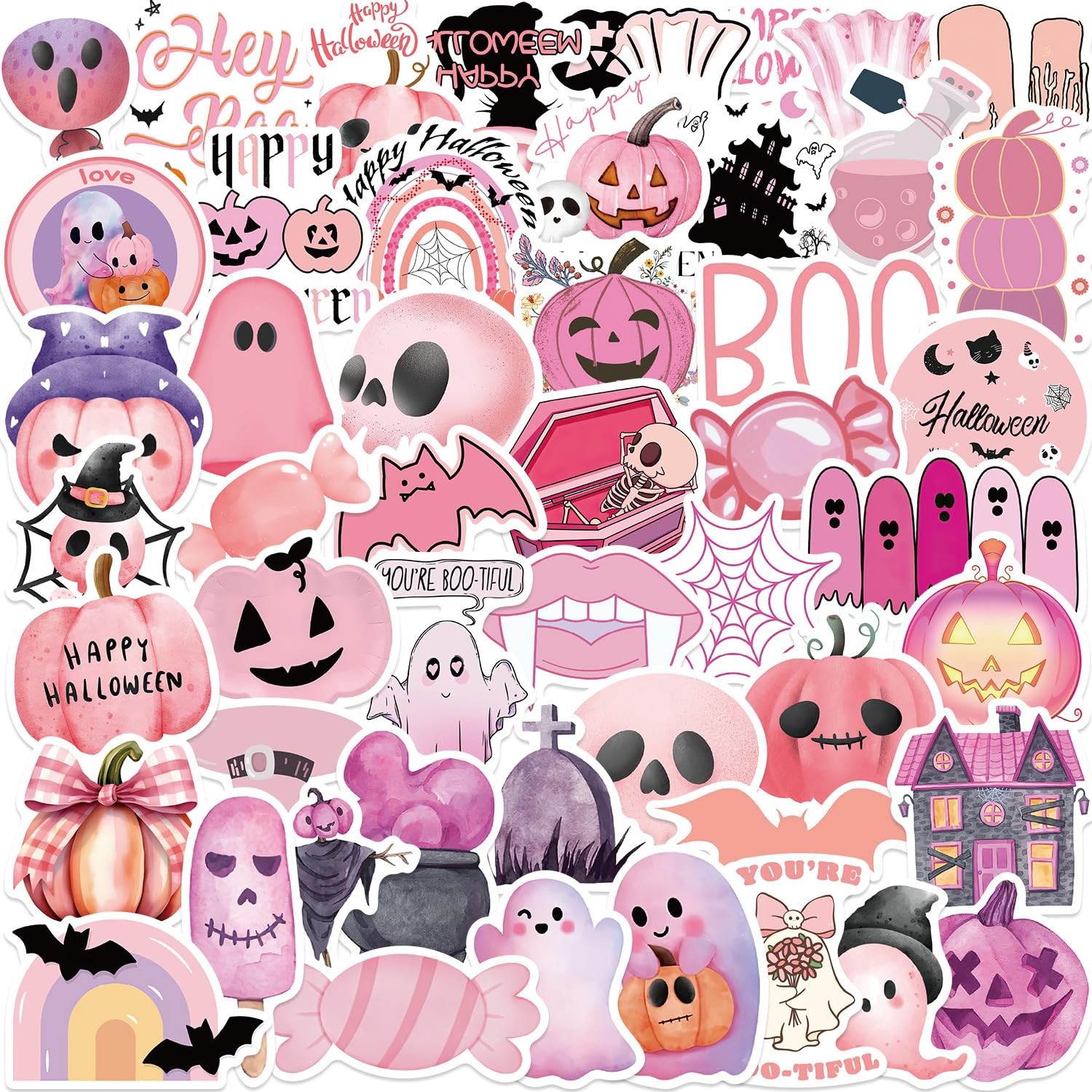 50Pcs Pink Halloween Decoration Ghost Sticker for Adult 2-3.5 inches,