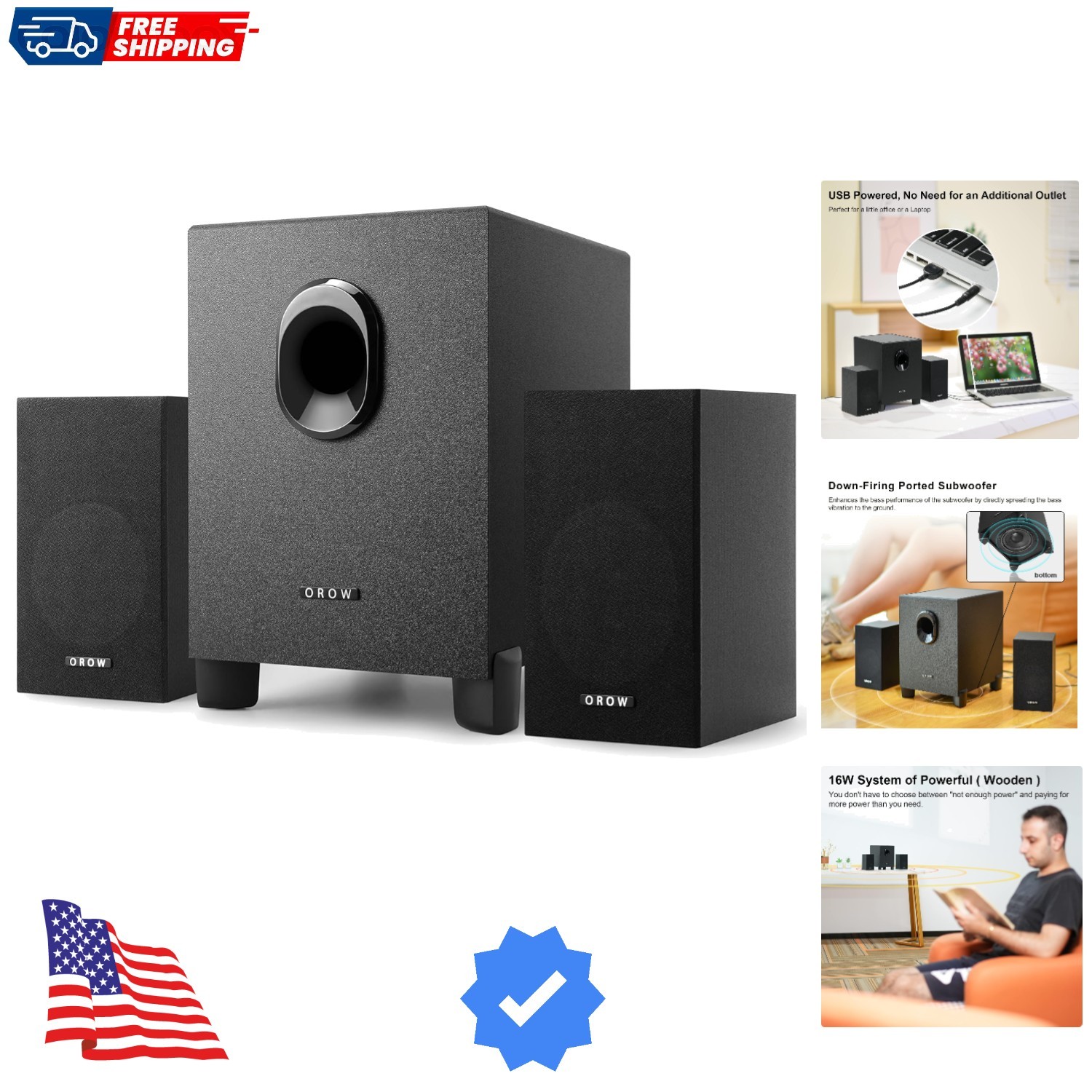 OROW S211 New USB-Powered 2.1 Multimedia Speakers System with Subwoofer,16W C...