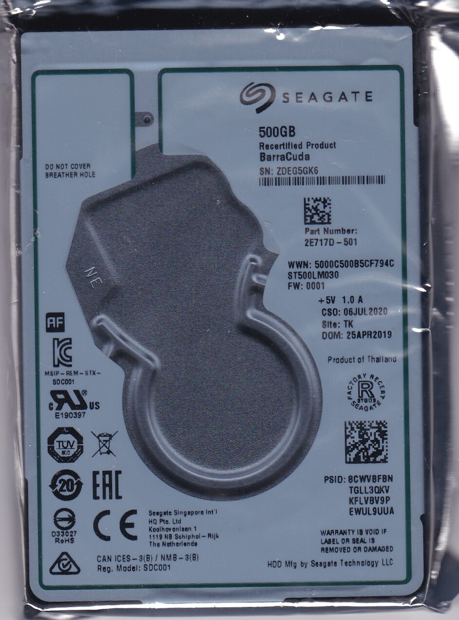 Seagate ST500LM030 pn: 2E717D-501  fw: 0001 TK 2019 s/n: ZDE 500GB SATA 2.5 8005