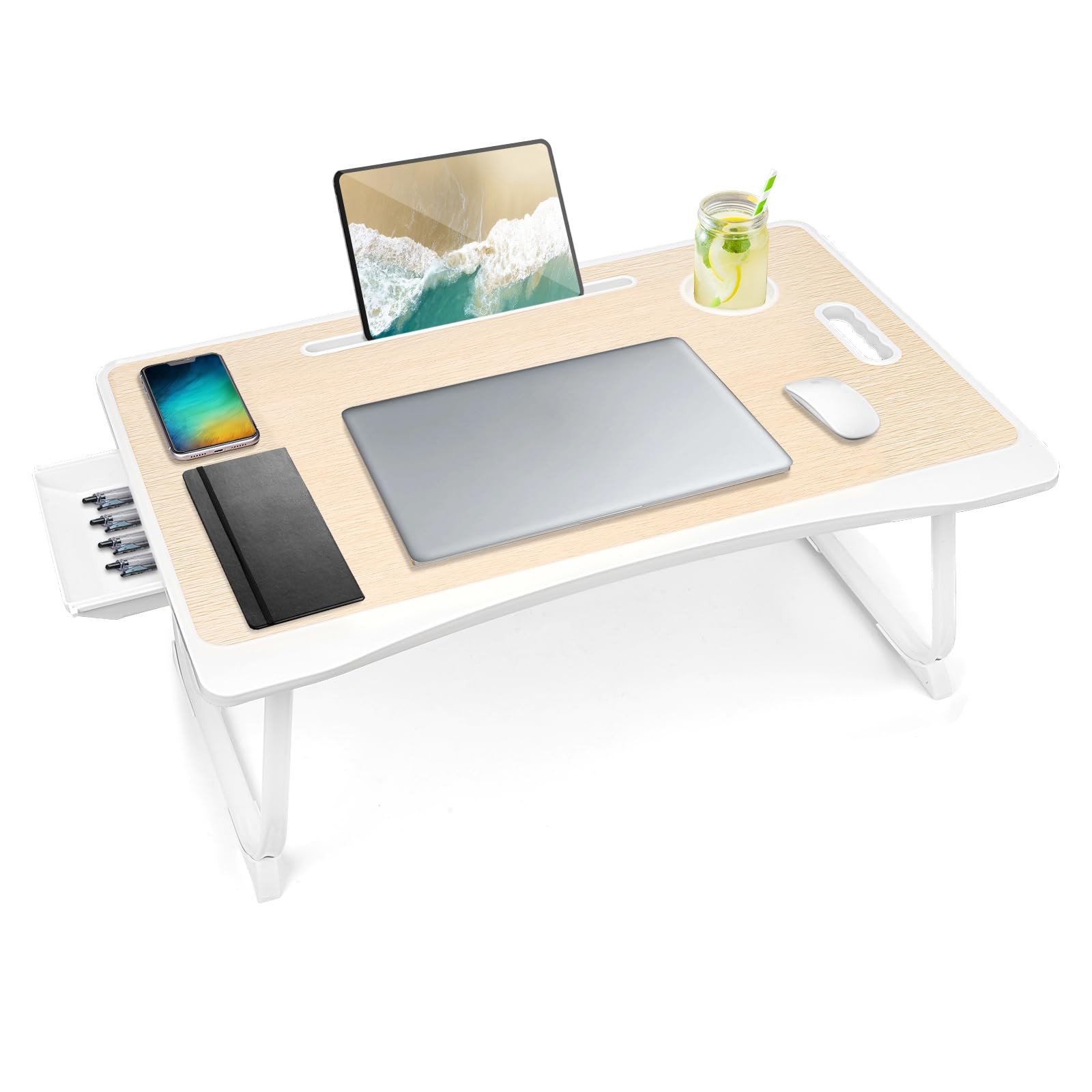 White Oak Laptop Bed Desk Tray Foldable Portable Lap Stand Drawer Cup Holder