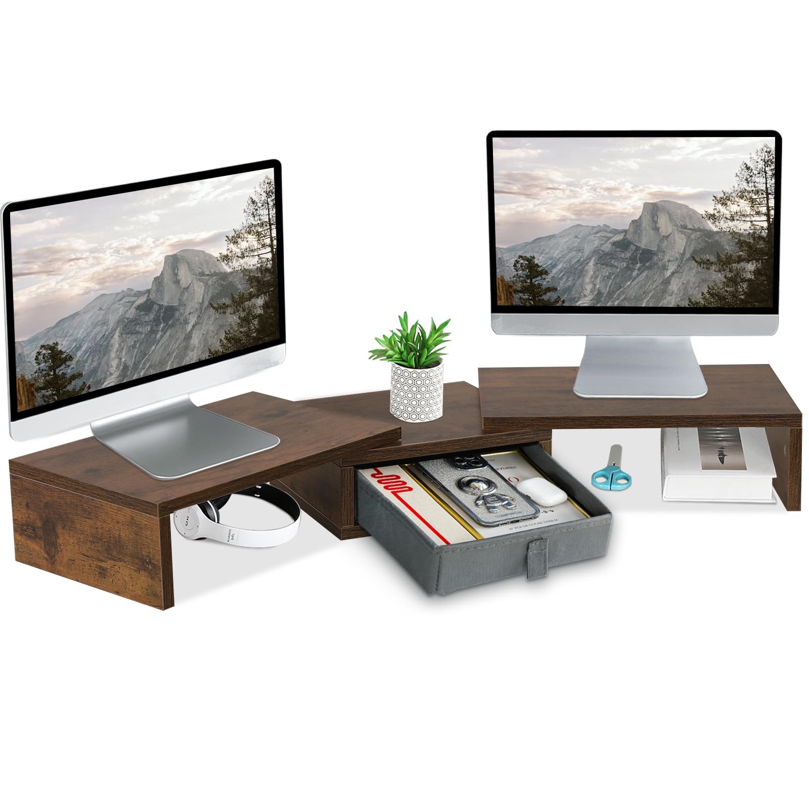 3 Shelf Monitor Stand Riser With Drawer - Length and Angle Adjustable Dual Ri...