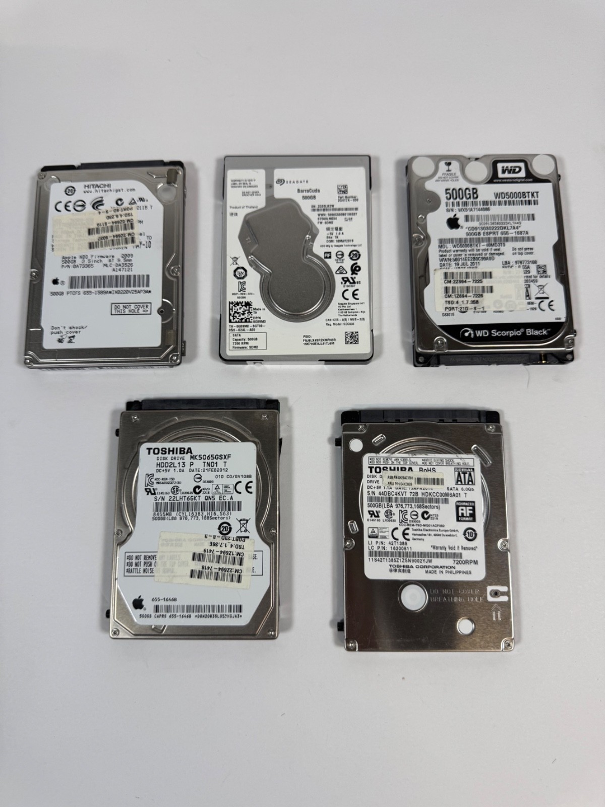 Lot of 5 500GB 2.5" SATA HDD WD Seagate Toshiba Hitachi 2.5TB Mac mini pulls